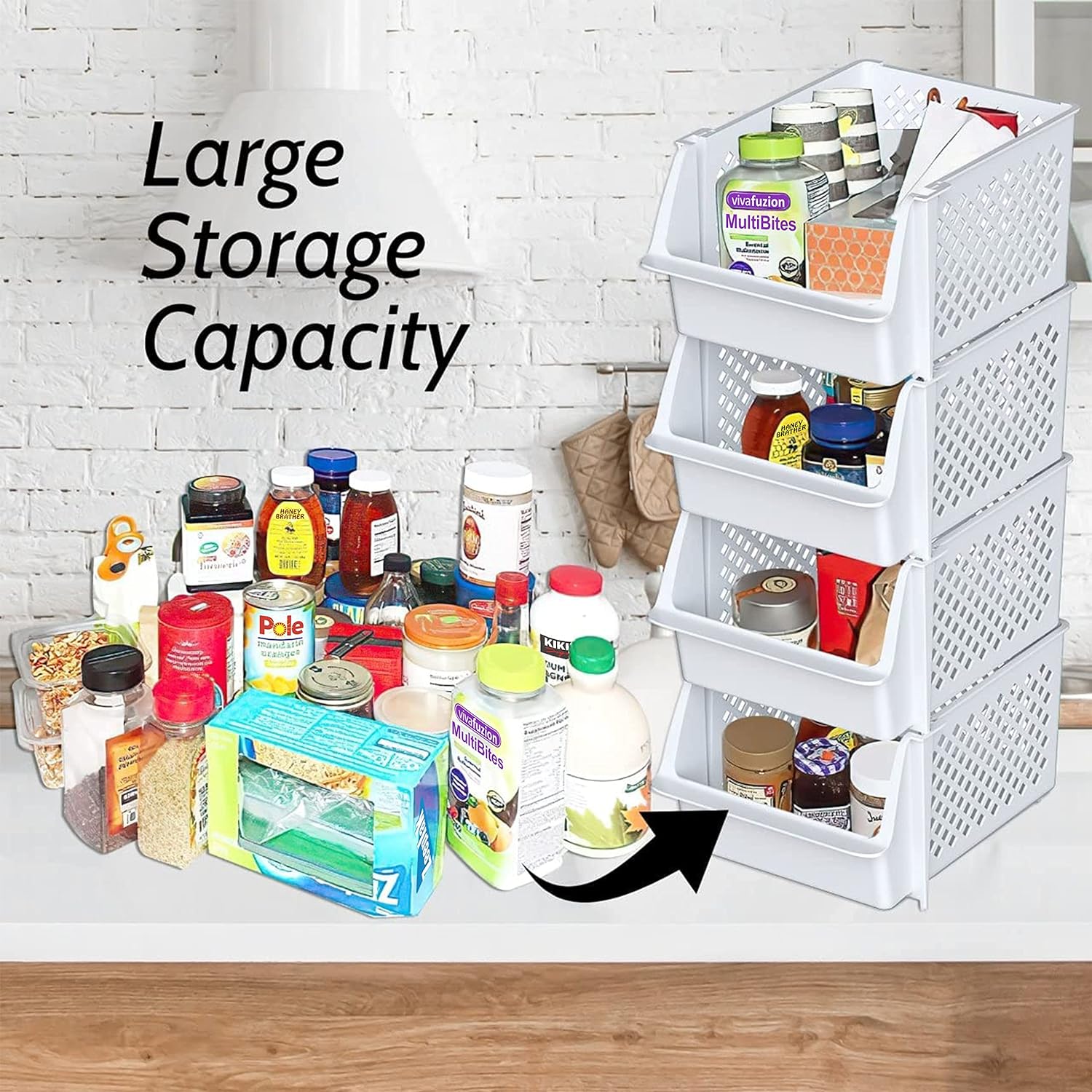 Skywin TidyFriend Plastic Stackable Storage Bins for Pantry, 8 Pack White Stackable Bins For Organizing Food, Kitchen, and Bathroom Essentials (Random)