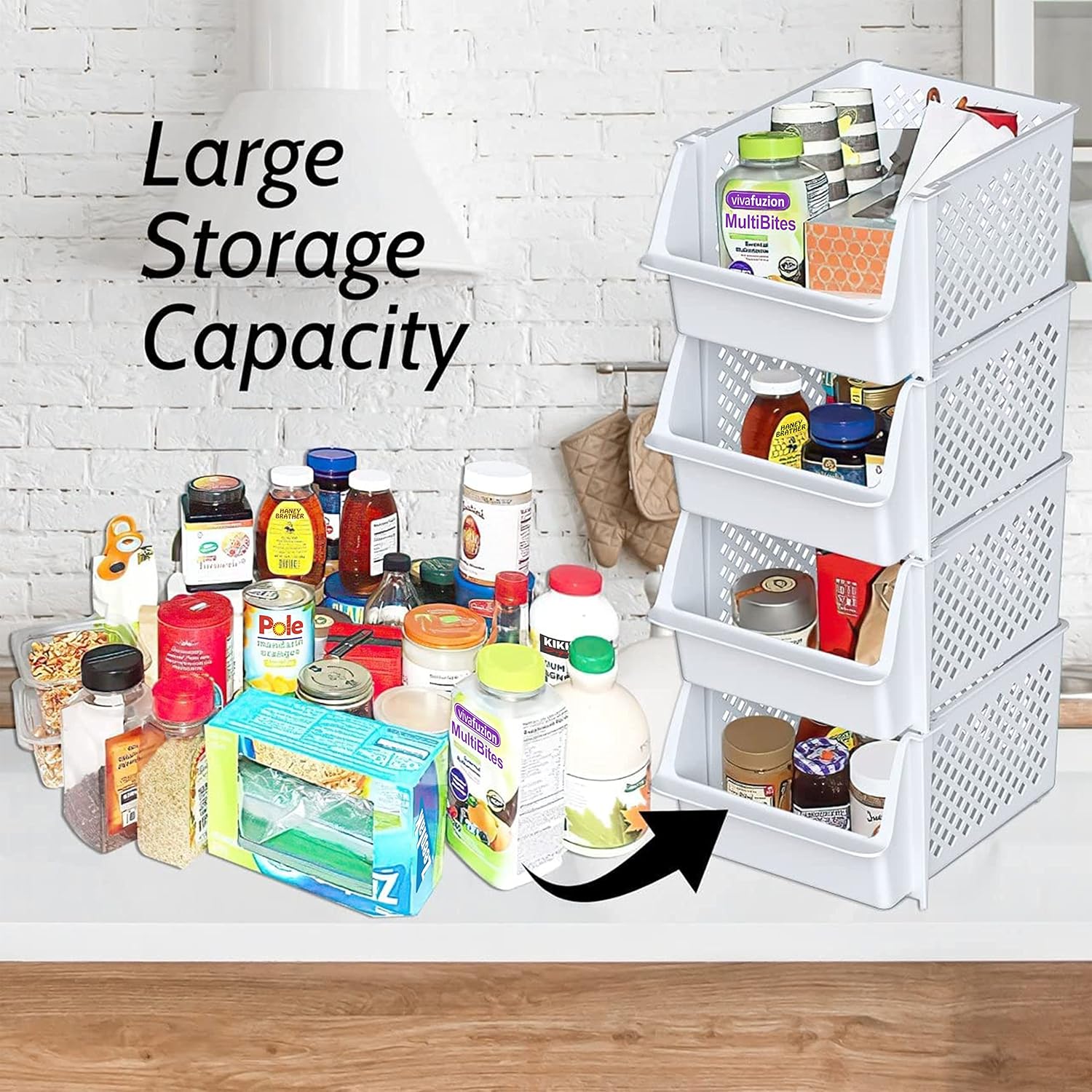 TidyFriend Plastic Stackable Storage Bins for Pantry - 12 Pack Stackable Bins for Organizing Food, Kitchen, and Bathroom Essentials (White)