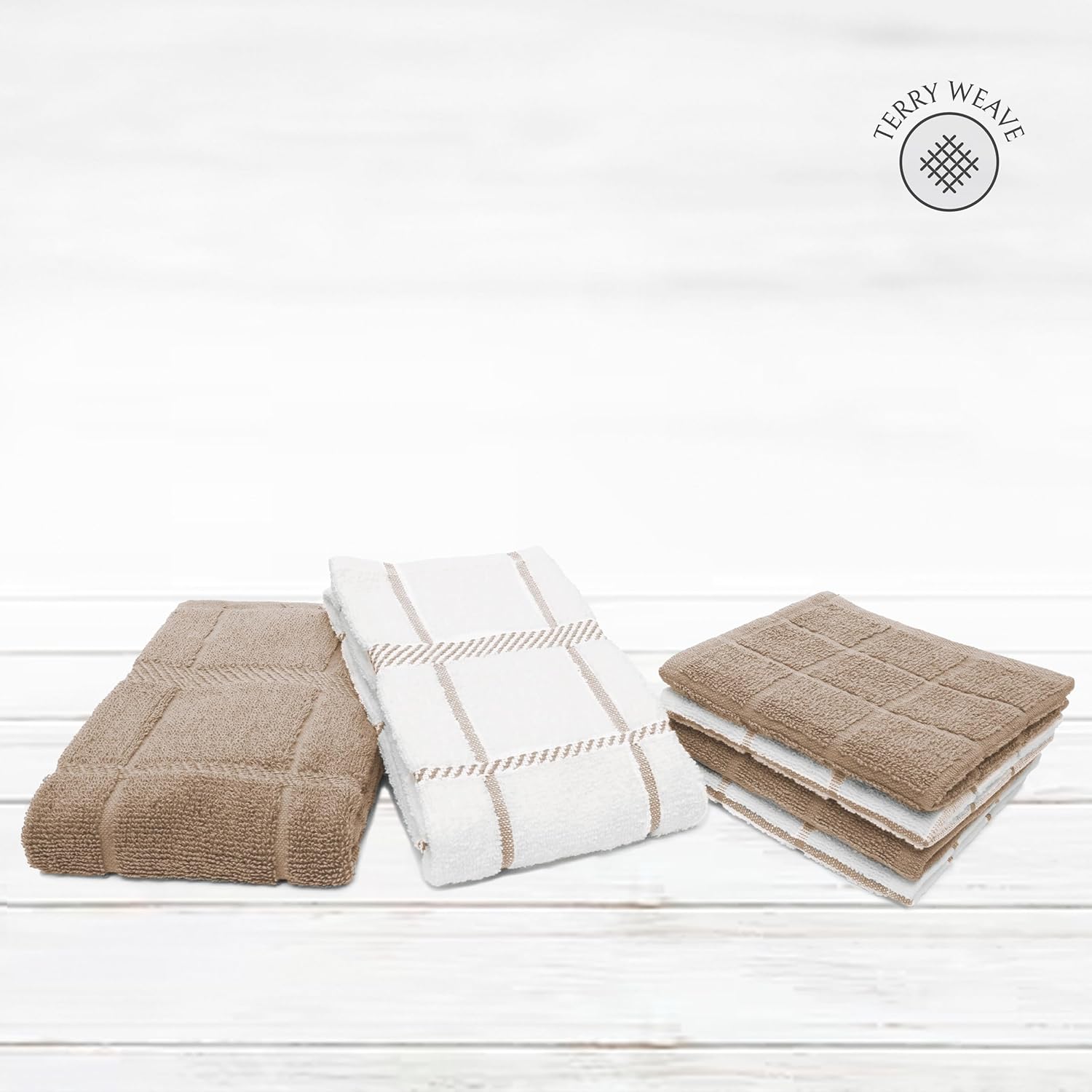 100% Cotton Terry Dish Cloth & Dish Towel, 6 Pack, Super Soft and Absorbent Kitchen Towels, Perfect for Kitchen Cleaning and Dish Washing (TAN (DT and DC Combo))