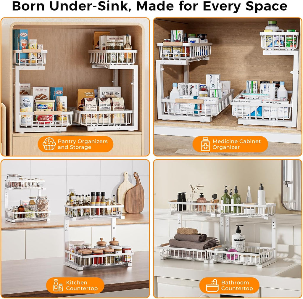 Under Sink Organizer,2 Pack 2 Tier Under Sink Organizers and Storage,Slide Out Pull Out Cabinet Organizer Shelf,Metal Sliding Drawer for Kitchen Bathroom Pantry Cabinet Closet Organization Rack White