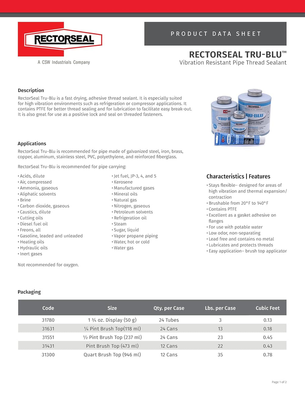Rectorseal 31631 1/4 Pint Brush Top Tru-Blu Pipe Thread Sealant , Blue
