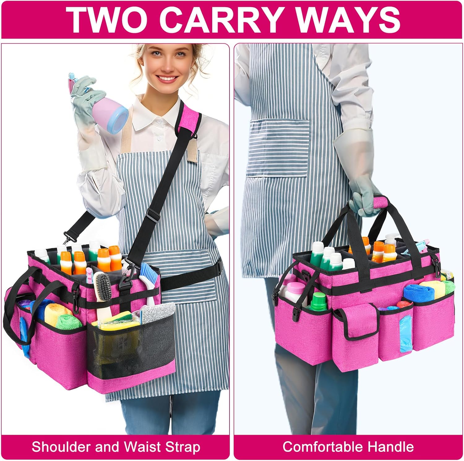 Cleaning Caddy Bag,Large Cleaning Supplies Organizer with Handle for Housekeepers,Red