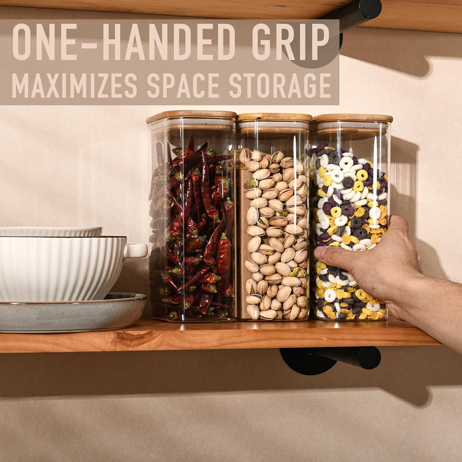 56oz Rectangle Airtight Glass Storage Containers with Bamboo Lids (Set of 3), Square Food Storage Jar, Pantry Organizers for Oats, Cereal, Pasta and Coffee beans (‎with Black Lable)