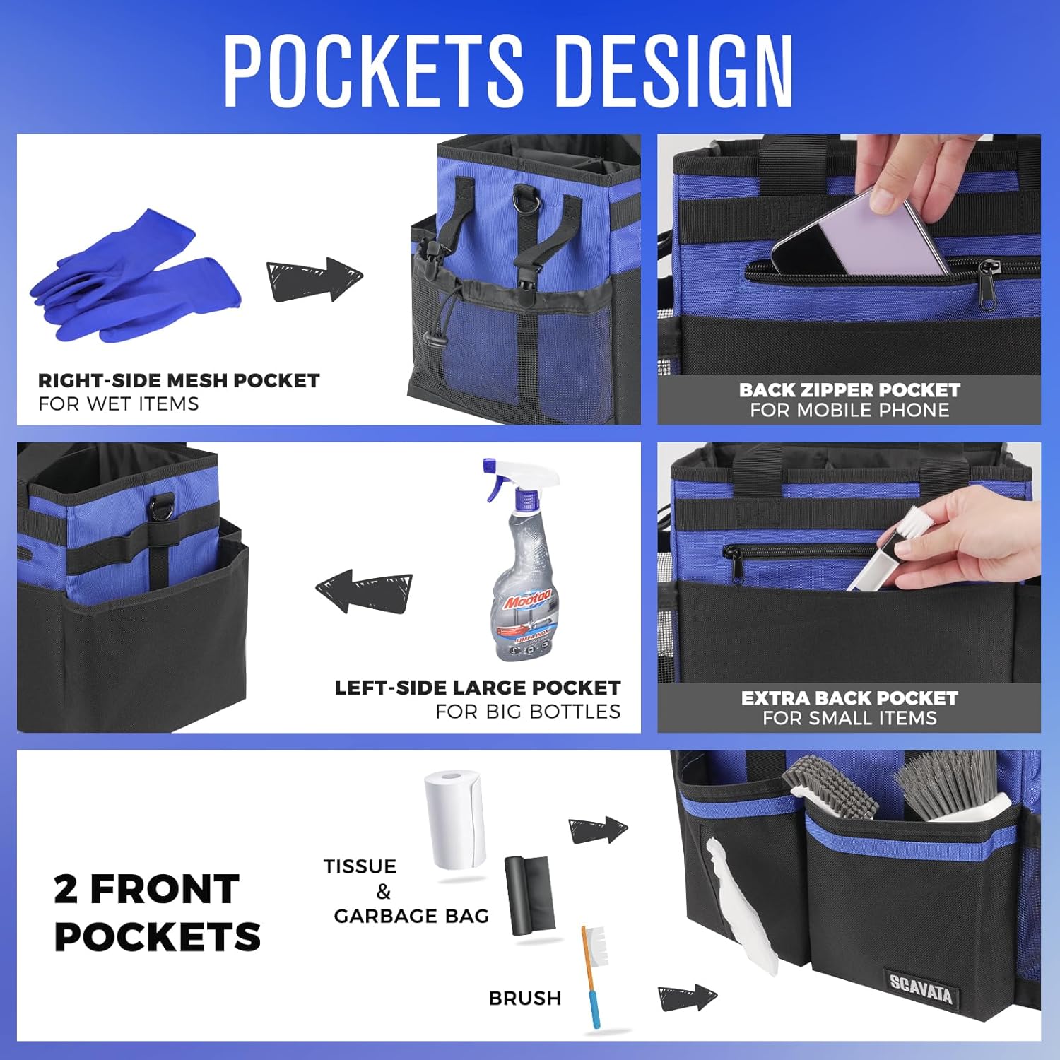 Compact Wearable Cleaning Caddy, Small Supplies Organizer with Handle & Shoulder Straps for Housekeepers, Under Sink & Car Cleaning Tool Organizer Bag (Blue)
