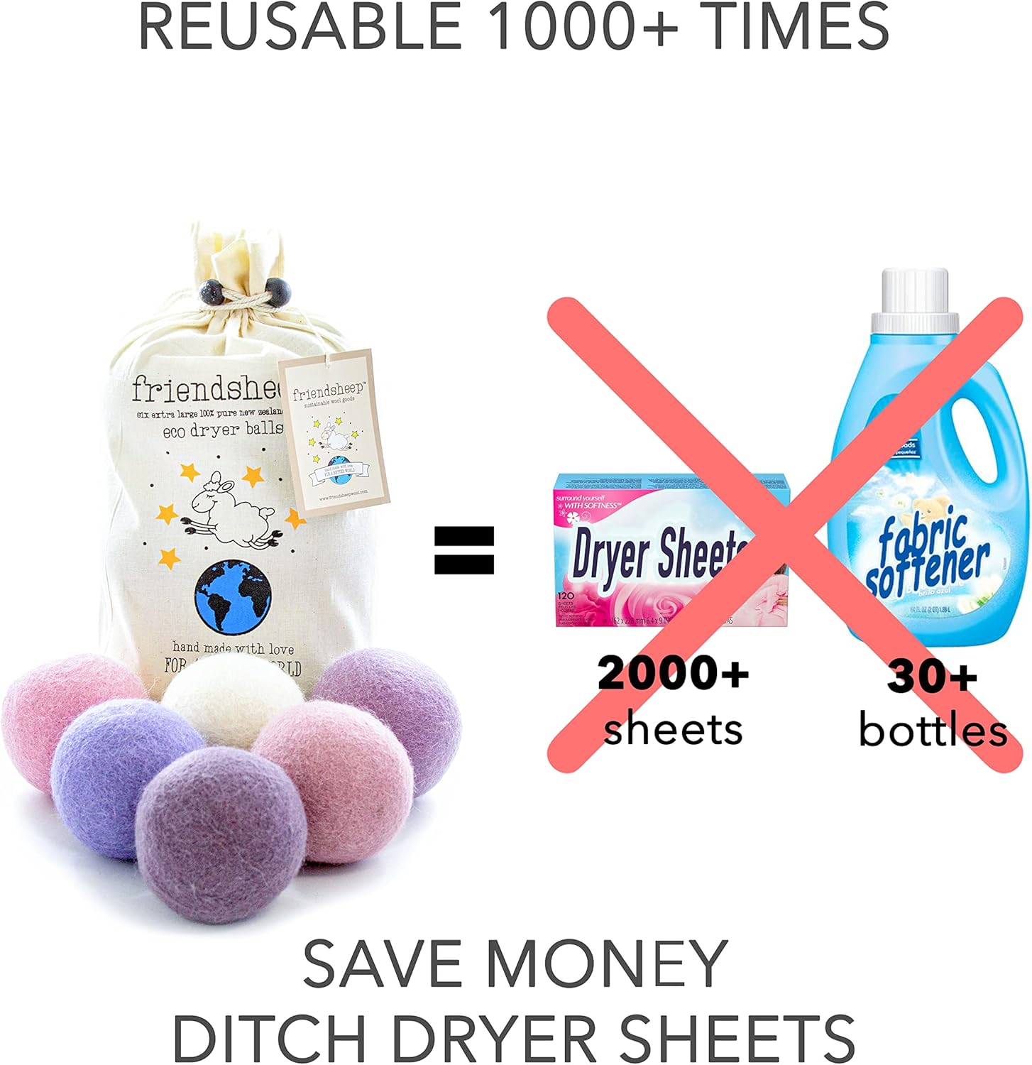 Friendsheep Wool Dryer Balls Organic Lavender 6 Pack XL Premium Reusable Cruelty Free Handmade Fair Trade No Lint Fabric Softener Color - Lavender Bliss