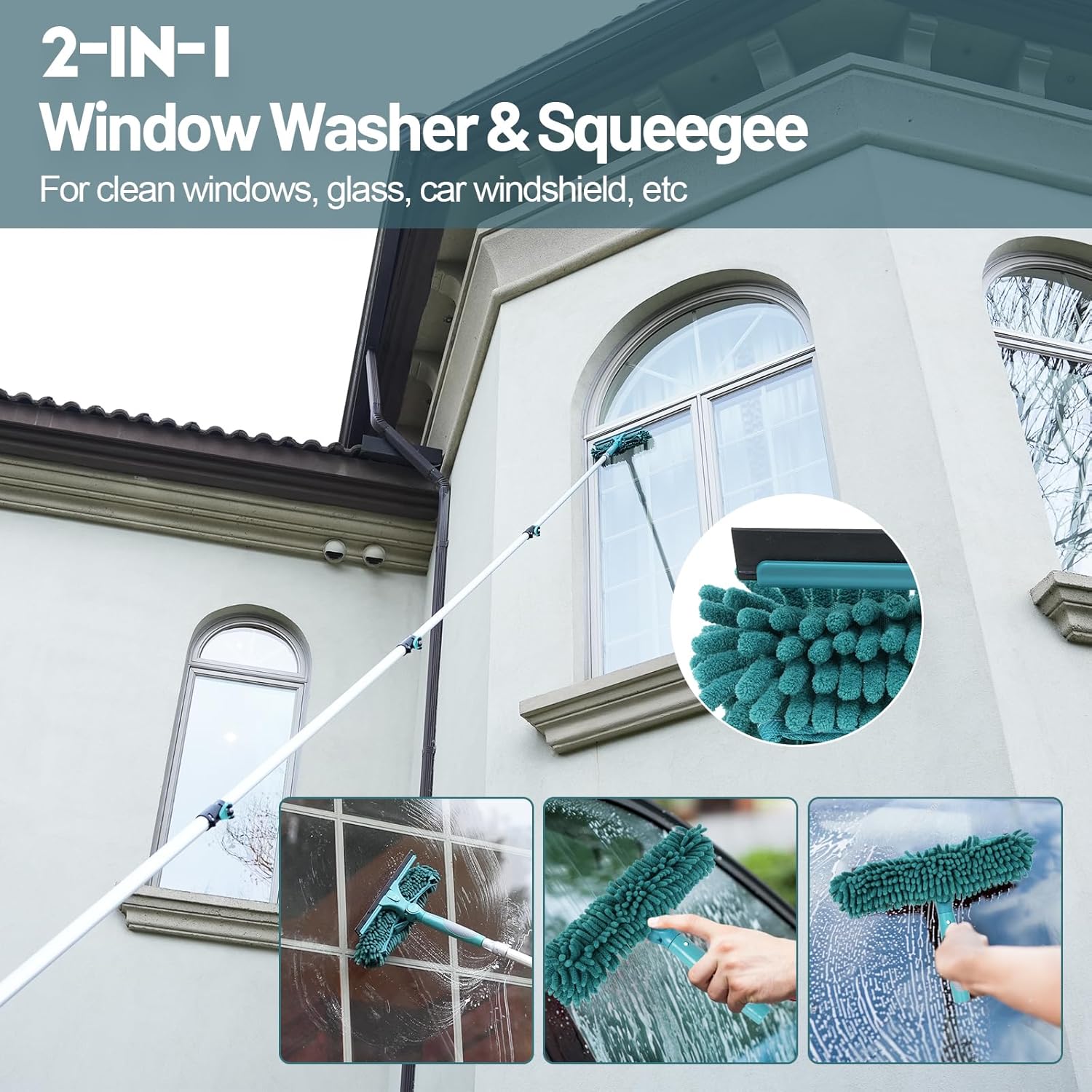 30 Foot High Reach Duster Kit with 6-24FT Extension Pole High Ceiling Dusting and Window Cleaning Kit with Telescopic Pole Window Washer&Squeegee,Cobweb Duster,Fan Duster and Feather Duster