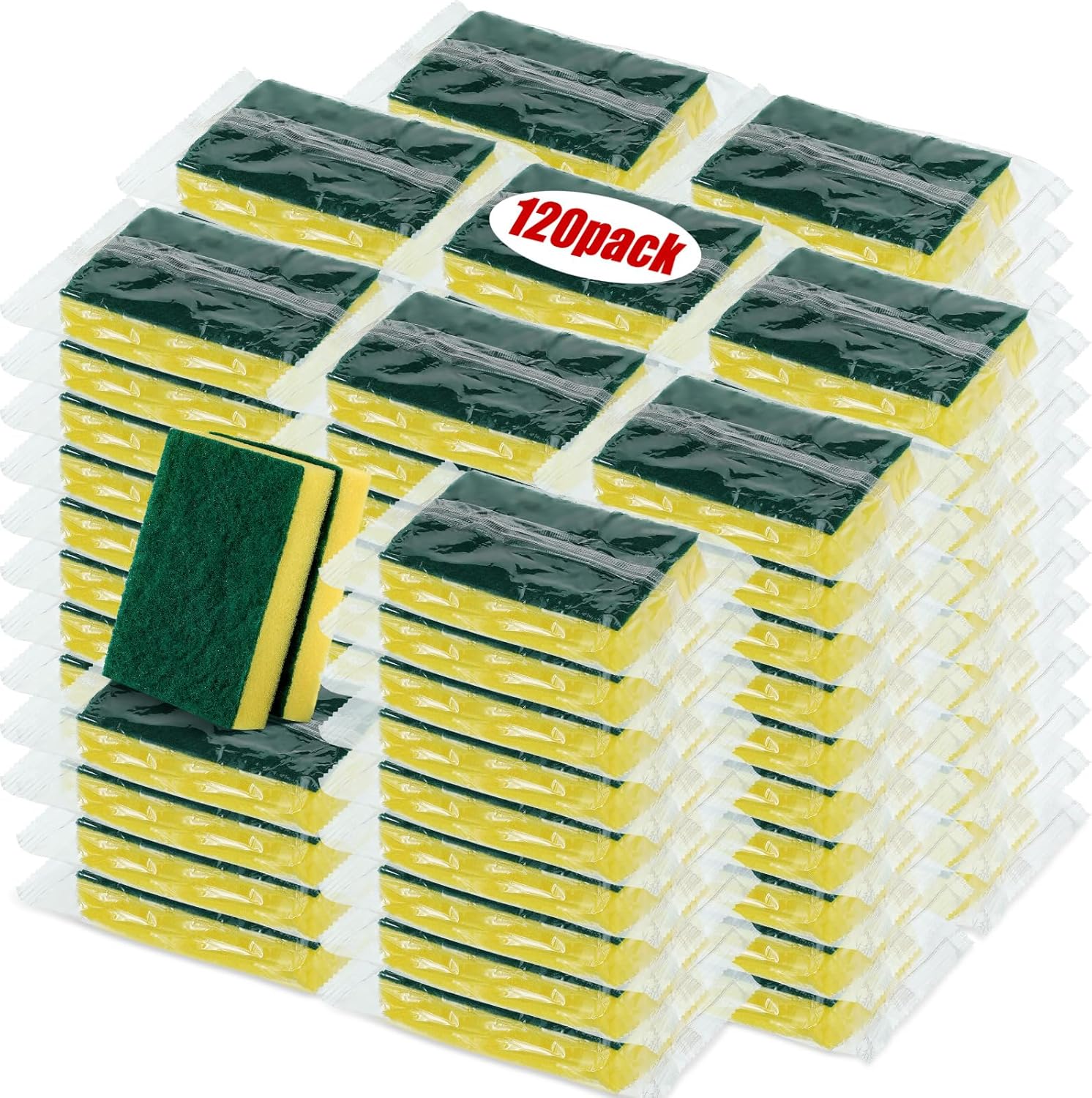 Tanlade 120 Pcs Individually Wrapped Sponge Dishwashing Sponge Bulk Non Scratch Scrub Sponges Kitchen Scouring Pad for Household Cleaning Rental Dishes Hotel Apartment Car (Yellow,Green)