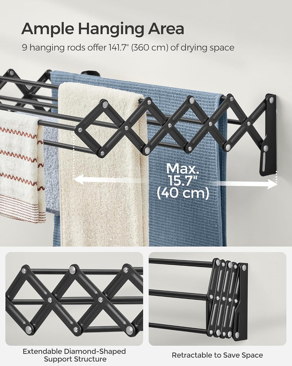 SONGMICS Clothes Drying Rack, Wall-Mounted Drying Rack Clothing, Small Accordion Laundry Rack, 9 Staggered Hanging Rods, Expandable and Retractable, Ink Black ULLR802B01