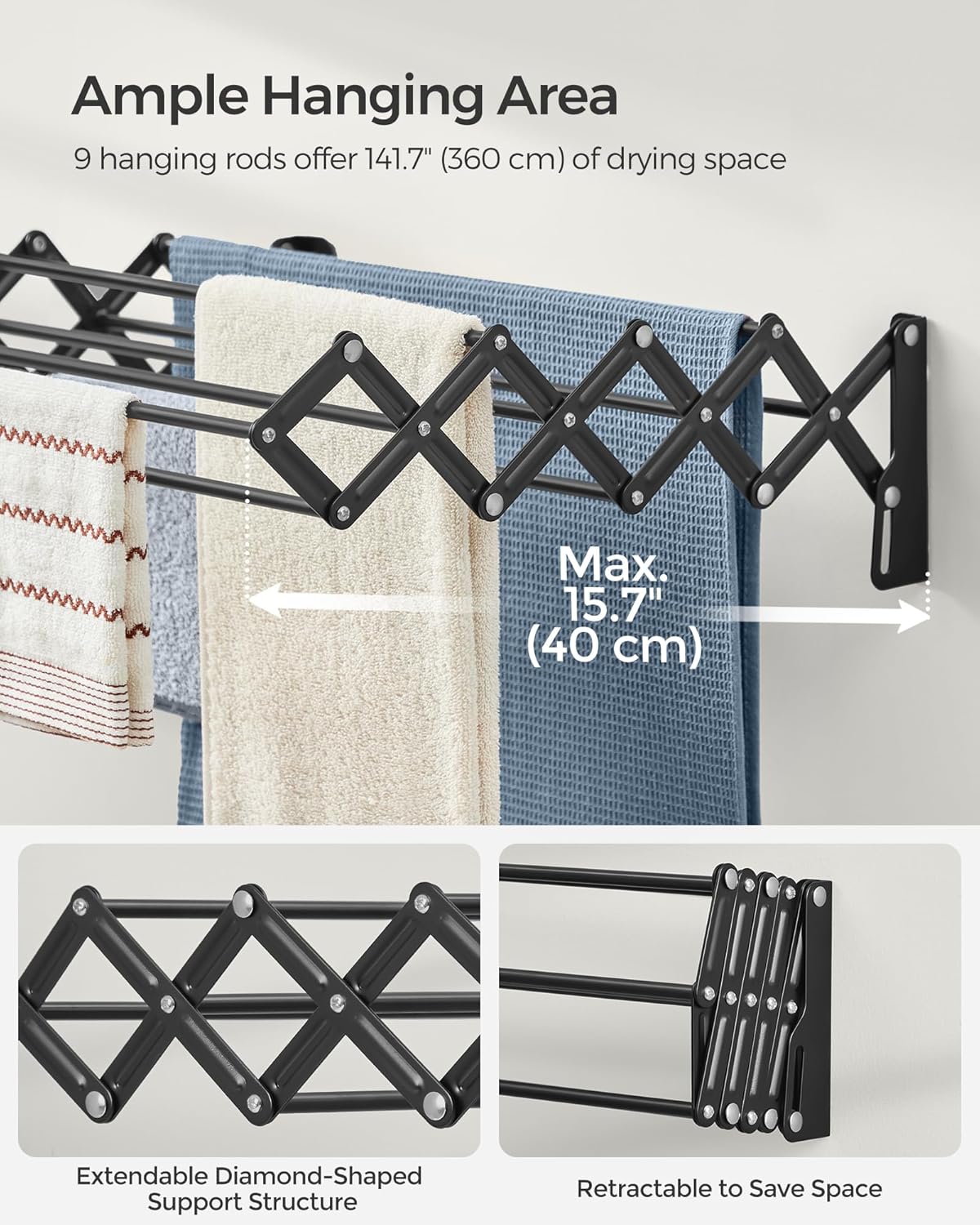 SONGMICS Clothes Drying Rack, Wall-Mounted Drying Rack Clothing, Small Accordion Laundry Rack, 9 Staggered Hanging Rods, Expandable and Retractable, Ink Black ULLR802B01
