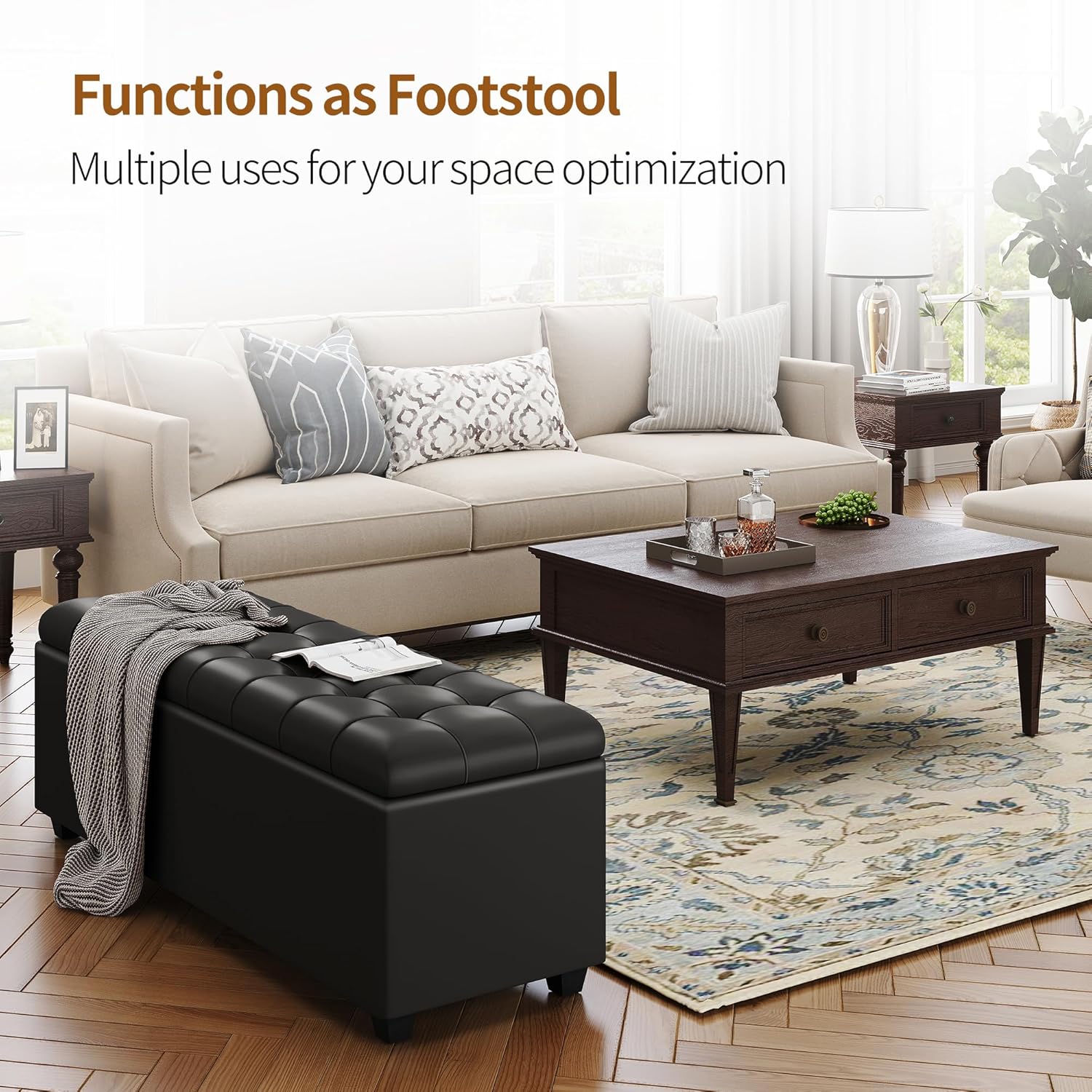 Ottoman with Storage 38 inches, Furniture End of Bed Storage Benches, Long Ottomans Bench with hinged lid, Bench seat Trunk for Foot Rest in Bedroom, Living Room (Black)