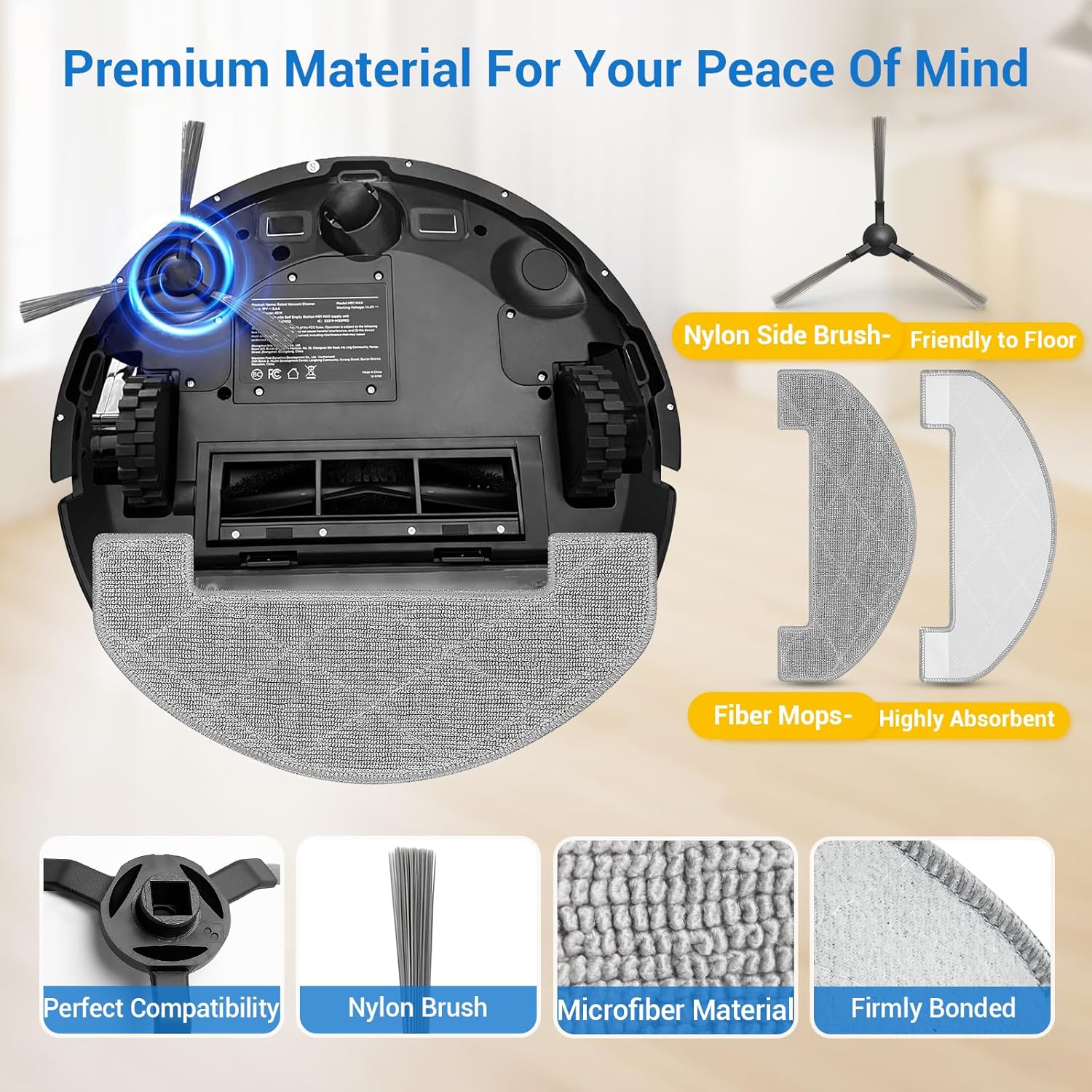 Bluevisk MS1 MAX Replacement Parts for For MONSGA MS1 MAX Robotic Vacuum Cleaner Parts with 1 Roller Brush, 4 HEAP, 6 Mop, 6 Dust Bags, 6 Side Brushes, 1 Clean Brush