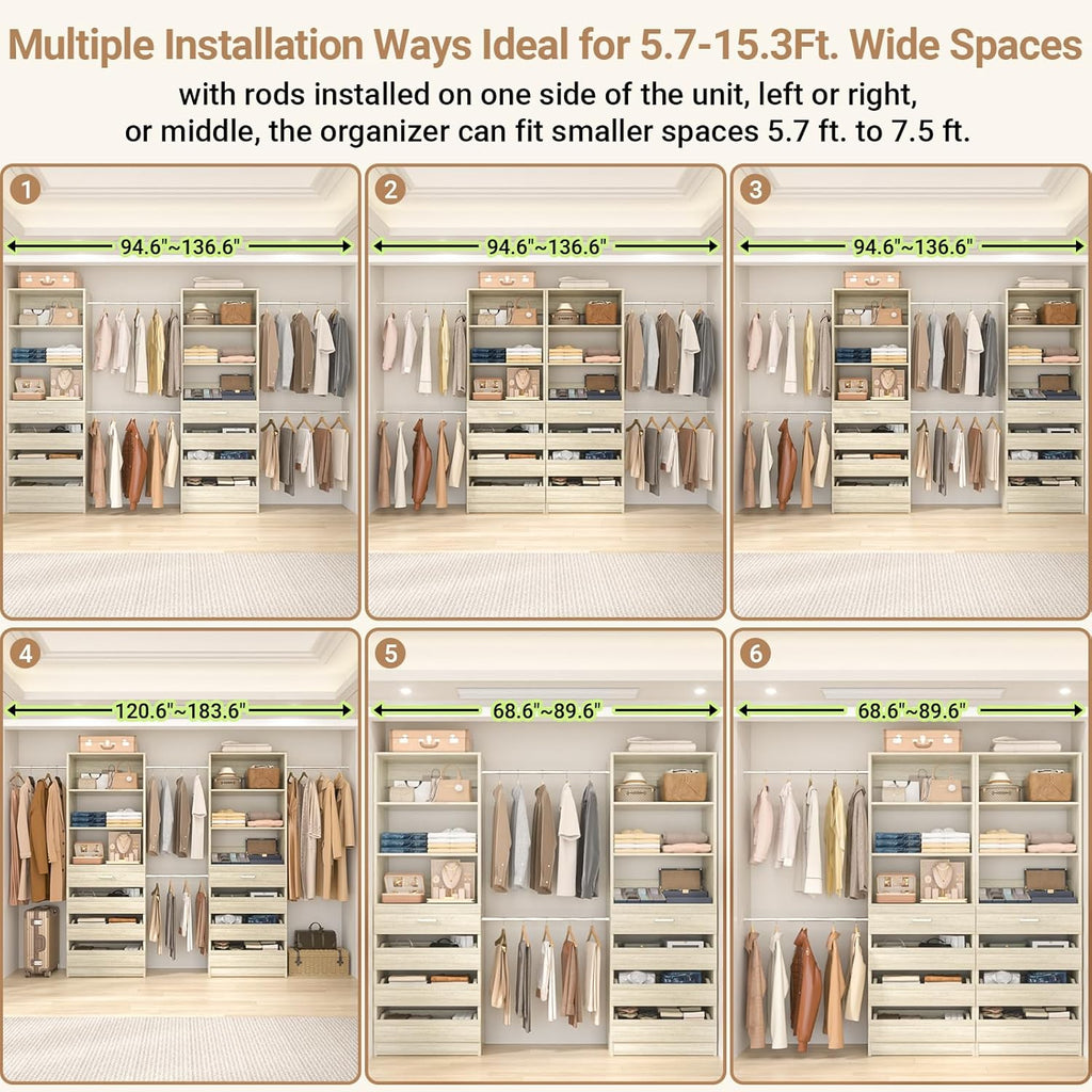 Aheaplus Closet System, 6-15Ft Closet Organizer with 8 Wooden Drawers, Wood Closet Organizer System with Tower, Walk-in Closet Organizer Wardrobe Garment Clothes Rack with 4 Hanging Rods, White Oak