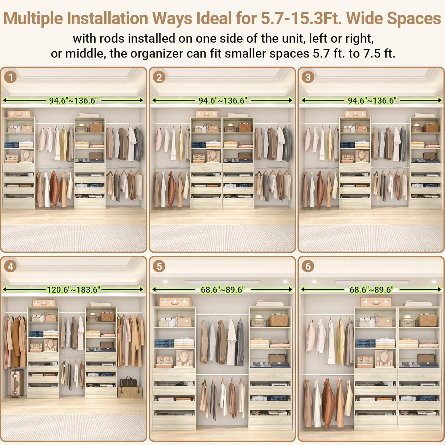 Aheaplus Closet System, 6-15Ft Closet Organizer with 8 Wooden Drawers, Wood Closet Organizer System with Tower, Walk-in Closet Organizer Wardrobe Garment Clothes Rack with 4 Hanging Rods, White Oak