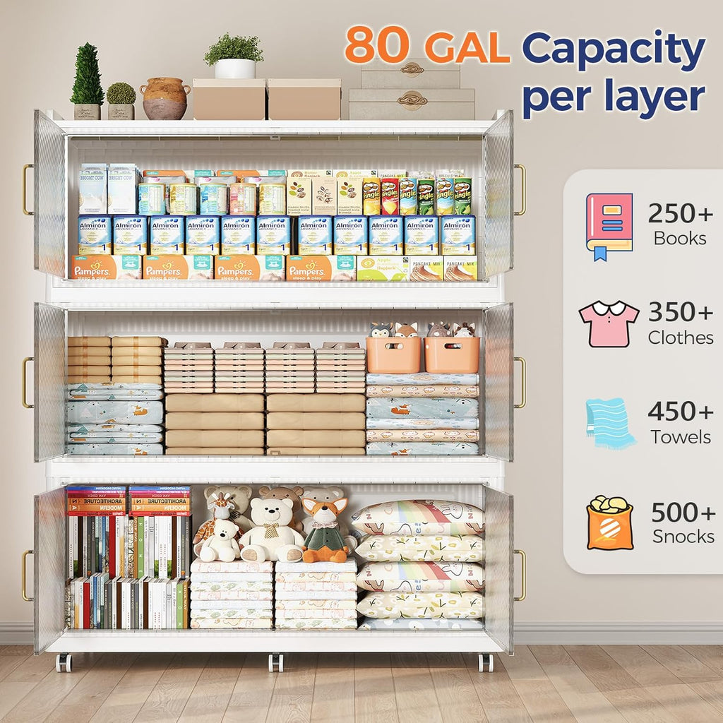 240 Gallon Extra Large Collapsible Storage Bin with Lid, 960QT Stackable Plastic Organizer with 6x Wheels, Foldable Drawer Cabinet for Closet, Living Room Office Dorm 3Pack, White
