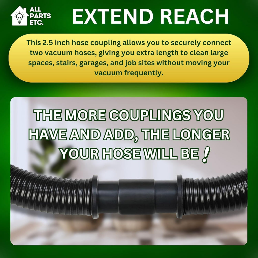 2.5" Vacuum Hose Coupling Connector – Wet Dry Vac Hose Adapter Compatible with Shop Vac, Craftsman & More– Extend Vacuum Reach by Joining 2 Hoses