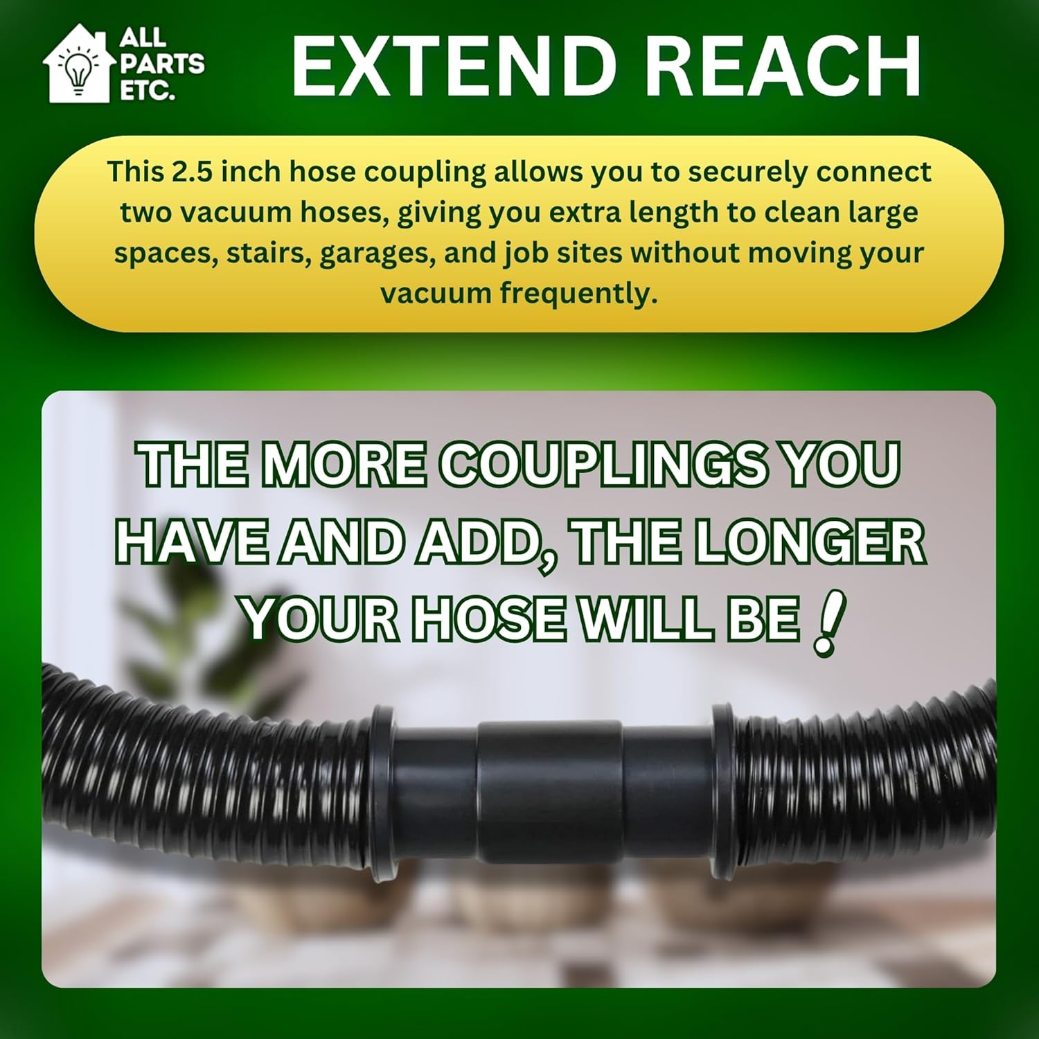 2.5" Vacuum Hose Coupling Connector – Wet Dry Vac Hose Adapter Compatible with Shop Vac, Craftsman & More– Extend Vacuum Reach by Joining 2 Hoses