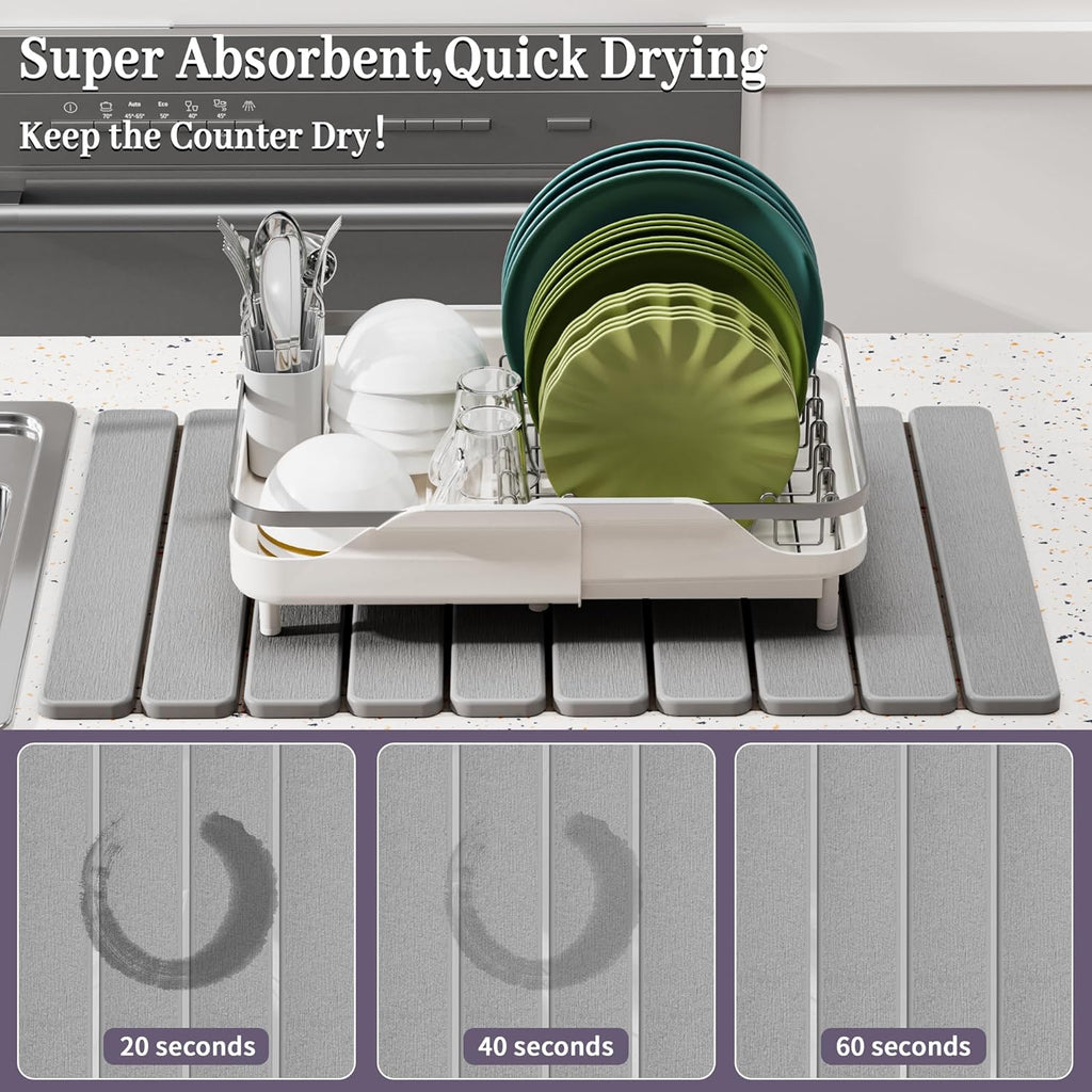 Large Stone Dish Drying Mats for Kitchen Counter – Foldable Quick Dry Stone Mat with Non-Slip Pad & Sandpaper, Super Absorbent Diatomaceous Earth Mat for Dishes and Cups(Ligh Gray 23.5"x15.5")