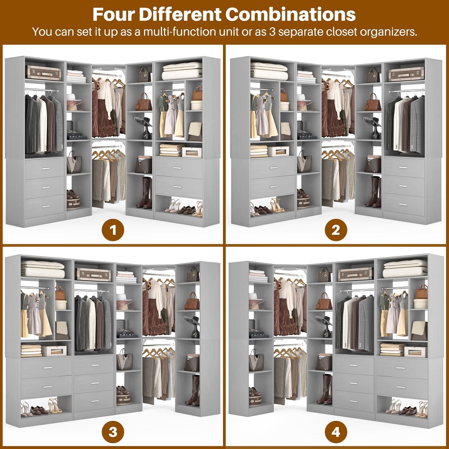 Corner Closet System with 5 Drawers, Closet Organizer System with 15+Shelvess & 4 Hanging Rods, 63.2"L * 63.2"W / 87.2"L * 39.2"W Reversible L Shaped Walk-in Closets, Load 2500+LBS, Grey