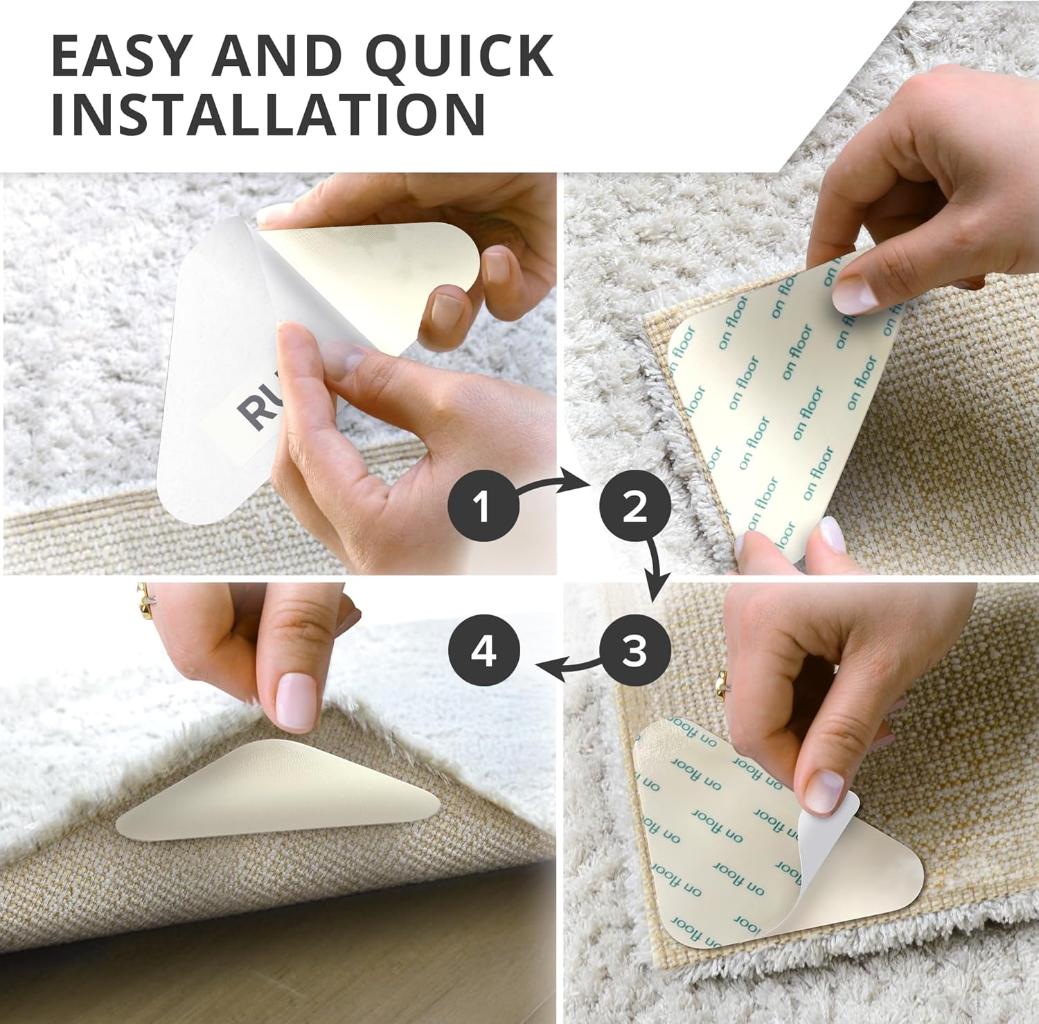 X-Protector Rug Tape - 12 Pcs Set - White Anti-Slip & Anti-Curling Carpet Tape for Hard Floors - Premium Rug Pad Gripper - Ideal Carpet Corner Grippers to Keep Your Carpet in Place & Make Corners Flat