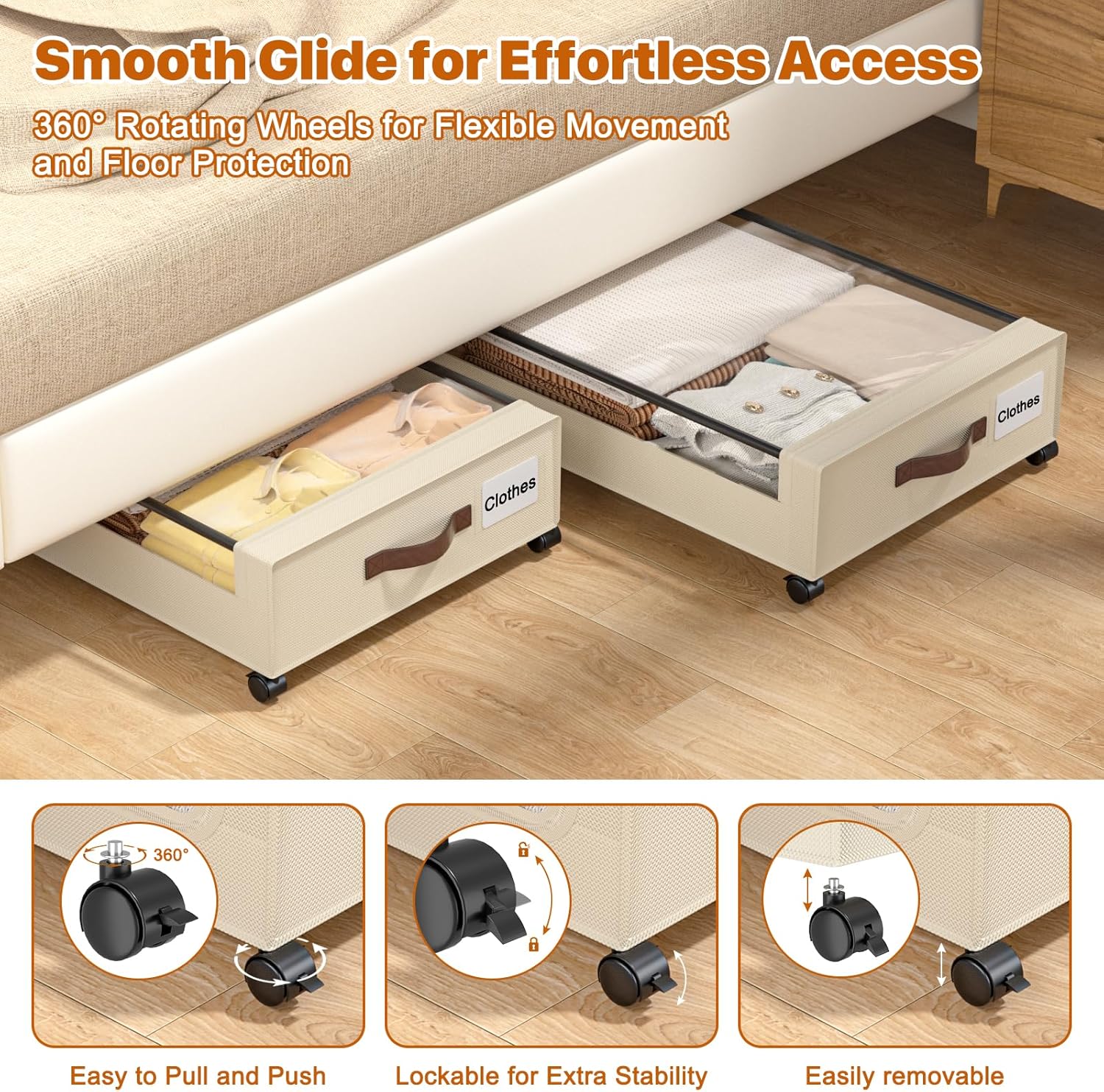 Under Bed Storage with Wheels, 4 Pack Under Bed Storage Containers with Clear Lids, XXL 60L Under-Bed Organizers for Clothes, Shoes – Durable Storage Bins with Smooth Rolling Wheels (White, 4 Pack)