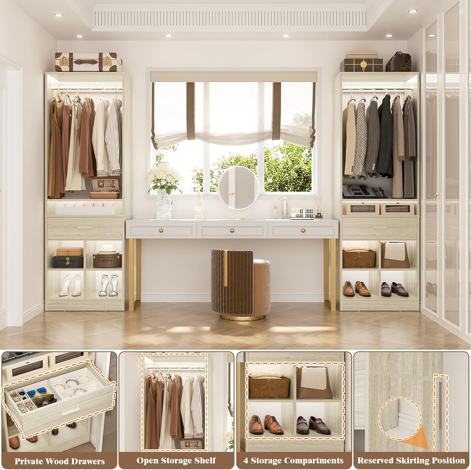 Unikito Freestanding Closet System with Wood Drawer and 4 Cubby Storage, Closet Organizer with Hanging Rods & Shelves, 25‘’W X 80'' H Clothes Garment Rack, Walk in Closet Tower Wardrobe, White Oak