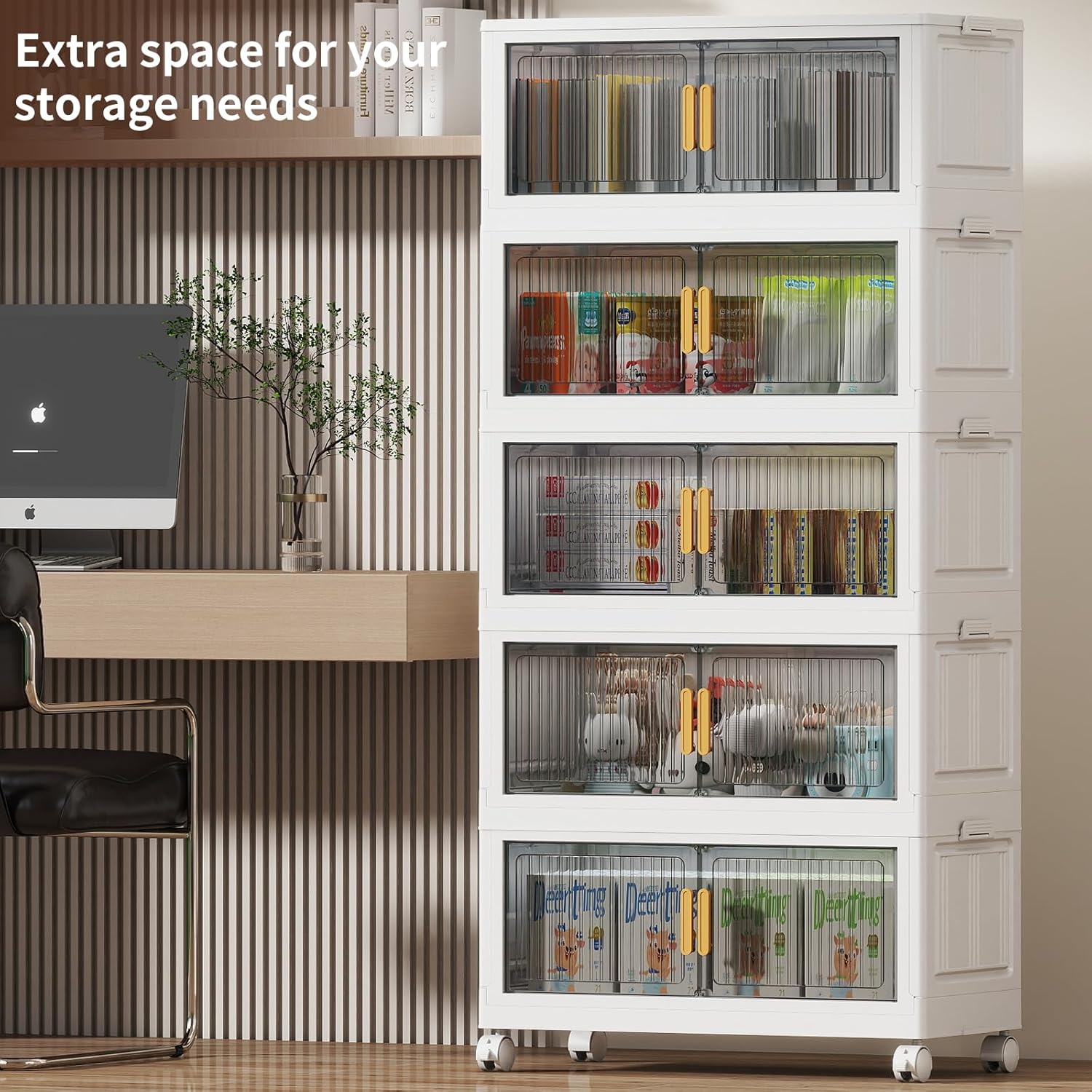 125Gal Stackable Plastic Storage Bins with Lids, Collapsible Closet Organizers and Storage with Wheels for Living Room,Office,Dorm, 30.5" W x 14.6" D x 64.6" H, 5 Tier
