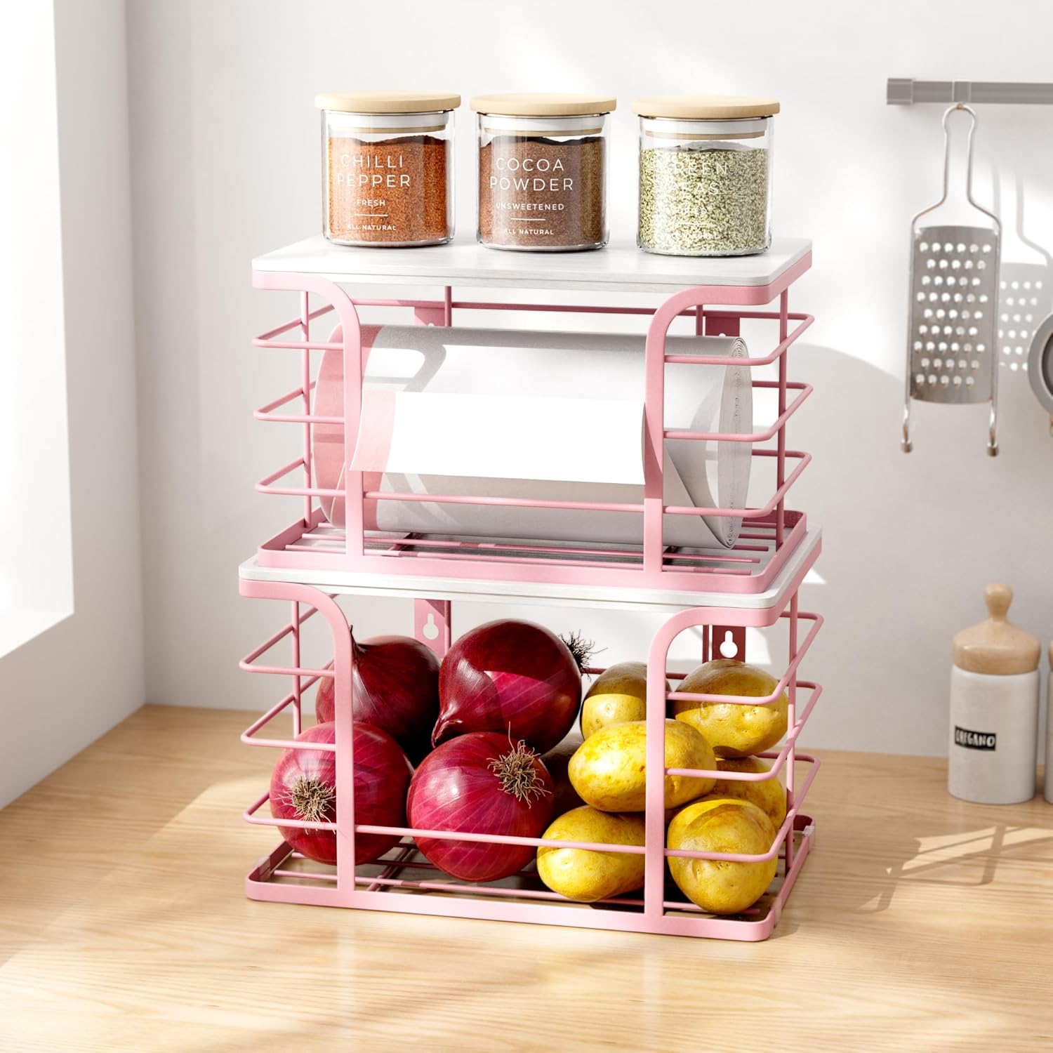 2 Pack Extra Large Stackable Pantry Storage with Bamboo Top,Wall Mount Trash Bag Dispenser Roll Holder for Kitchen Pantry Laundry Room,Pink