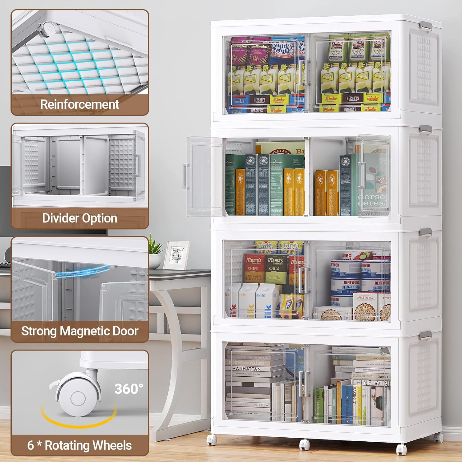 BROVIEW 800 Qt Plastic Storage Bins with Lid, Doors & Wheels, 4Pack Extra Large Stackable Collapsible Storage Bins, Closet Organizers and Storage Drawer, Foldable Cabinets for Home Office, White
