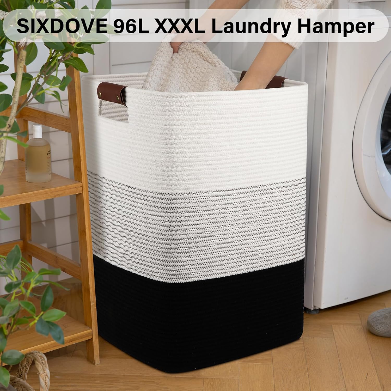 Laundry Hamper 96L Extra Large Laundry Basket, Woven Blanket Basket, Cotton Woven Storage Hamper with Handles for Living Room, Large Baskets for Pillows, Blankets, Clothes-Gradient Black