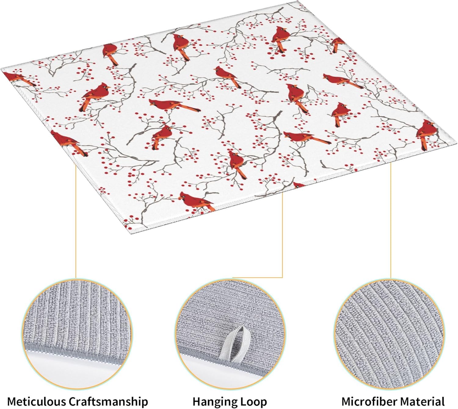 Cardinal Bird Red Berry Decor Kitchen Drying Mat Cute Microfiber Dish Drainer Mat for Kitchen Counter Absorbent Reusable Washable Home Holiday Decor 16x18 Inch
