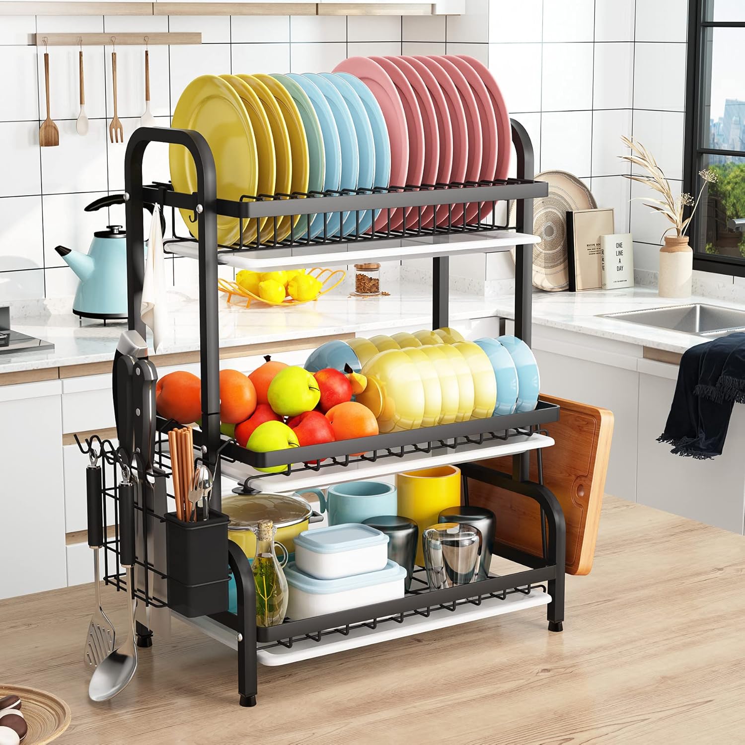 1Easylife Drying Rack, Metal 3-Tier Large Capacity Dish Rack with Utensil Holder, Cutting Board Holder, Drain Board Tray for Kitchen Counter Storage (Black)
