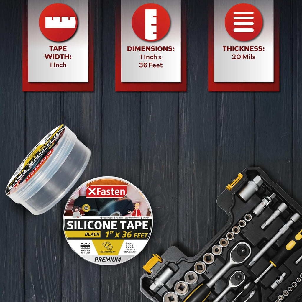 XFasten Self Fusing Silicone Tape Waterproof Black – 1" x 36 Feet (3-Pack 108ft), Self Amalgamating Tape, Silicone Rubber for Plumbing, Sealing Pipes, Hose Repair, Outdoor Coax and Electrical Cables