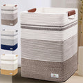 Laundry Hamper - Tall Woven Rope Laundry Basket - Clothes hamper with Leather Handles, 17.8" X 13.8" X 22", Blanket Storage Basket for Living Room, Rice Brown & White