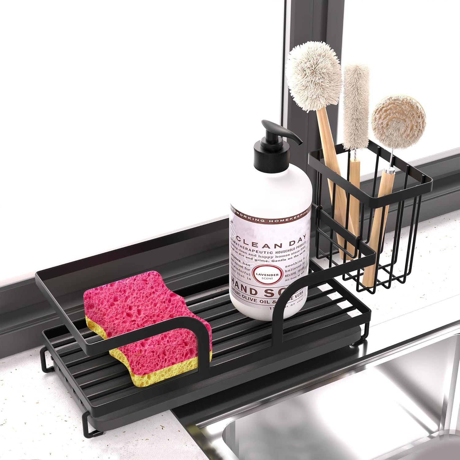 Sponge Holder for Kitchen Sink,Sink Caddy Organizers with Stone Drying Tray, Kitchen Sink Organizer for Sponges, Soap, 9.7" x 4.2"x 3.2" Home Decor Storage and Organization,2PCS Black