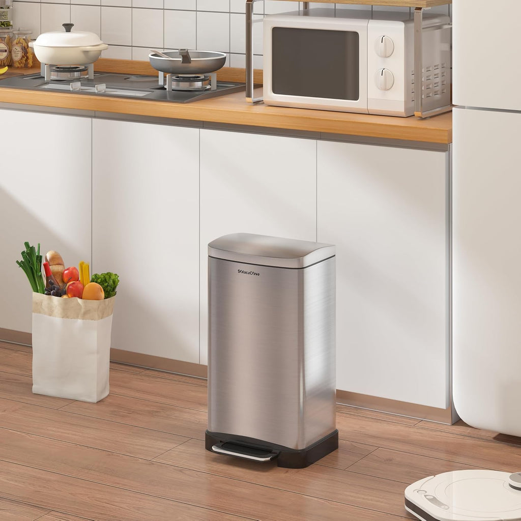 30 Liter/8 Gallon Step Trash Can with Inner Liner,Large Step Trash Bin with Silent Close Lid,Fingerprint Resistant Finish(Brushed Gray)