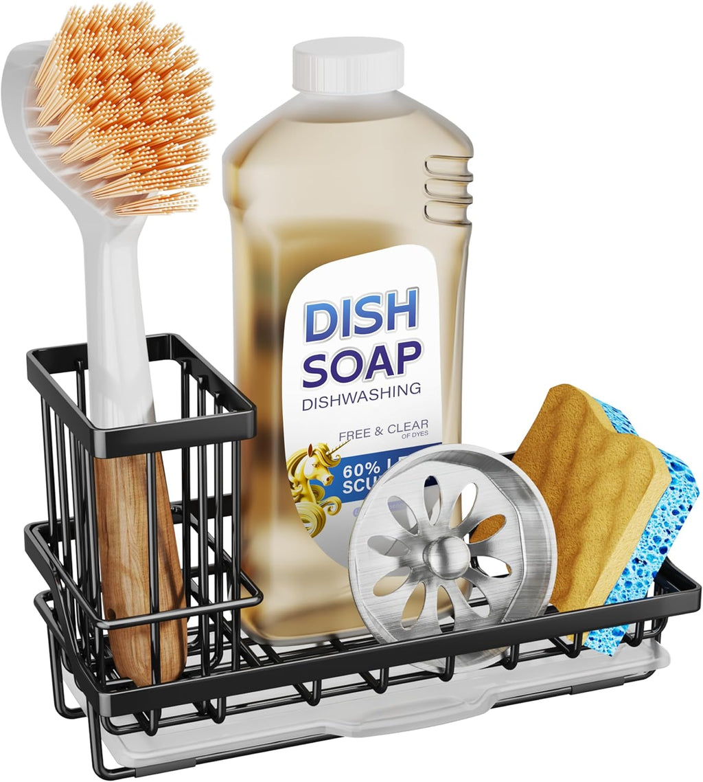 SWTYMIKI Sink Caddy Sponge Holder - Kitchen Sink Organizer with High Brush Holder for Countertop to Hold Dish Soaps and Sponges, Stainless Steel, Black
