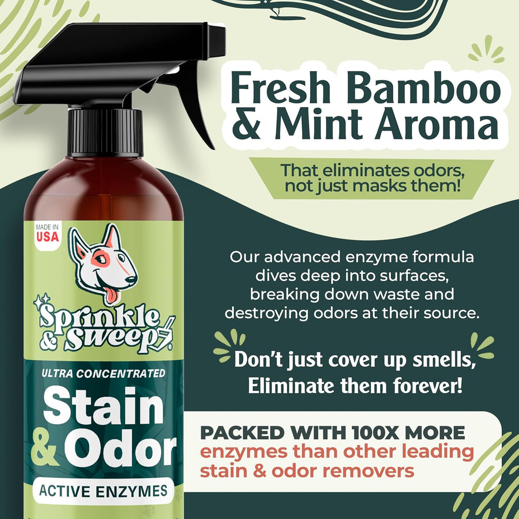 Sprinkle & Sweep Pet Stain and Odor Remover - Super Concentrated Pet Odor Eliminator - No Scrubbing Dog & Cat Urine Enzyme Cleaner Destroyer - Carpet Cleaner for Multiple Surfaces (24 oz Pack of 2)