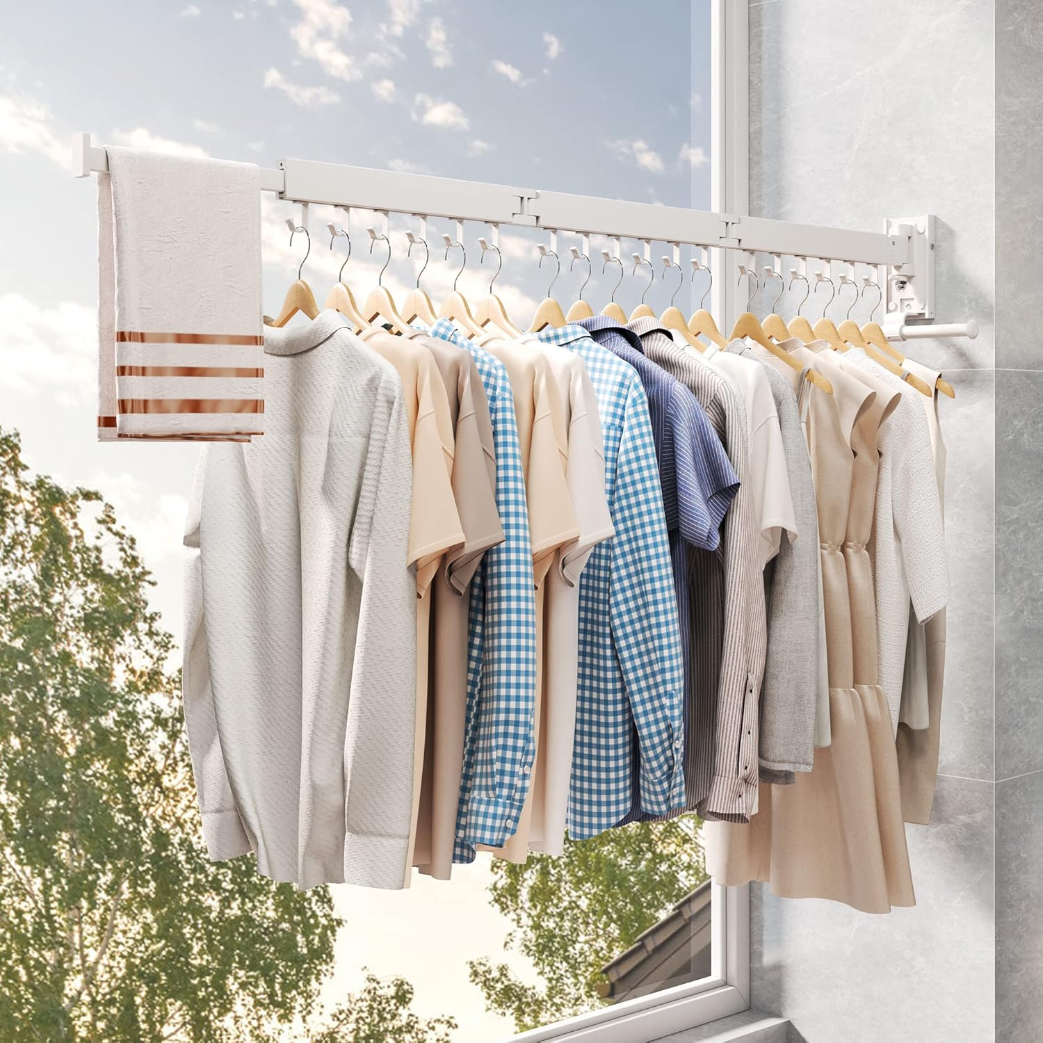 Drying Rack, Wall Mounted Clothes Rack, Aluminum, 220lbs Capacity, Foldable, White