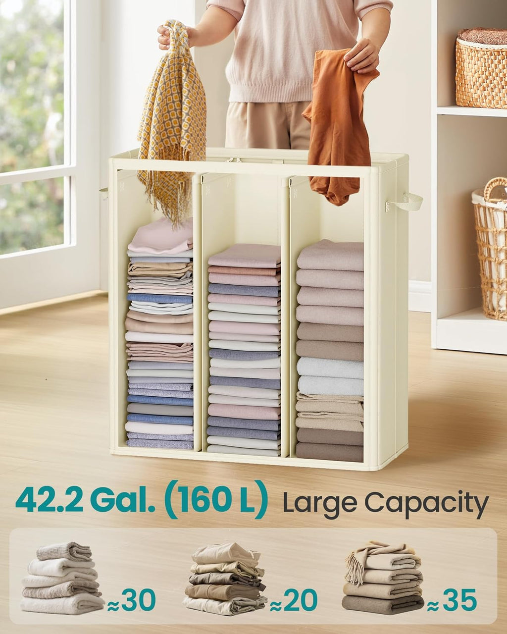 SONGMICS 42.2 Gallon (160 L) Laundry Hamper, 3-Compartment Laundry Basket Sorter with Lid, Labels, Removable Liner Bags, for Bedroom, Cream White URLH013W01