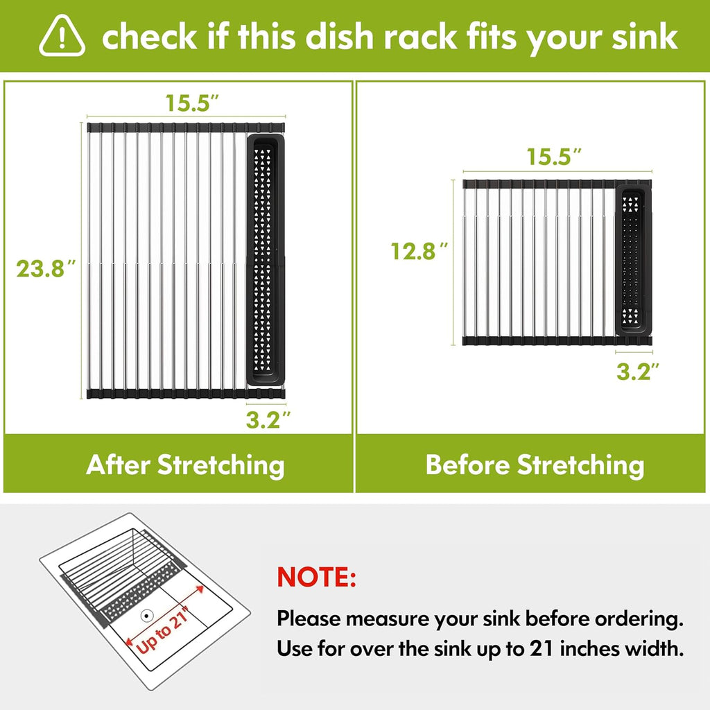 JASIWAY Dish Drying Rack, Roll Up Dryer Rack for Inside Sink, Expandable (12.8"-23.8" D x 15.5" W) 304 Stainless Steel Dish Drainers for Kitchen Counter, Over Sink Cover with Utensil Holder