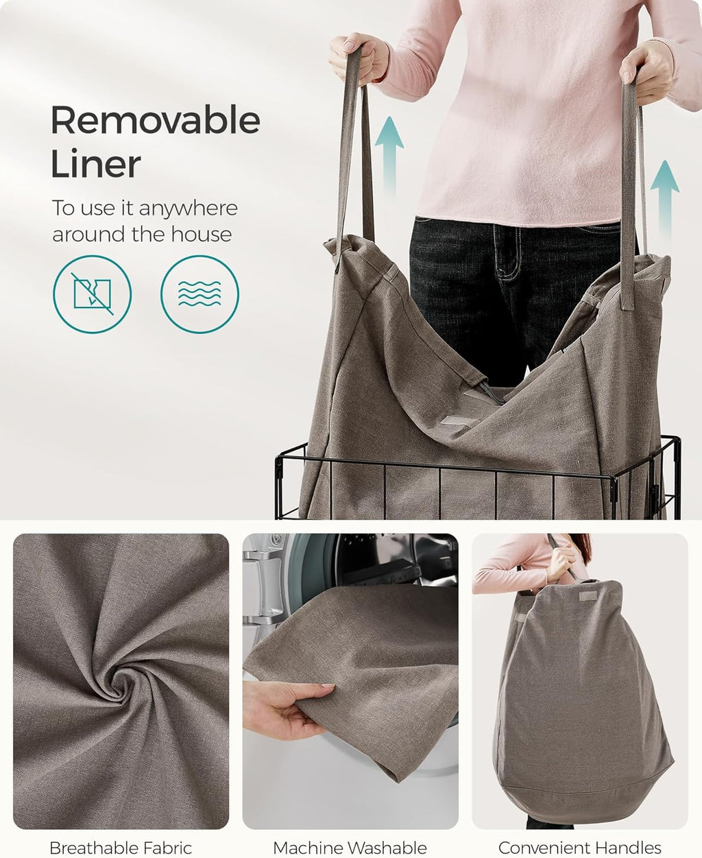 SONGMICS Laundry Hamper, 23.8 Gal. (90L) Laundry Basket, Collapsible Clothes Hamper, Removable and Washable Liner, Metal Wire Frame, for Bedroom Bathroom, Black and Camel Brown ULCB190N01