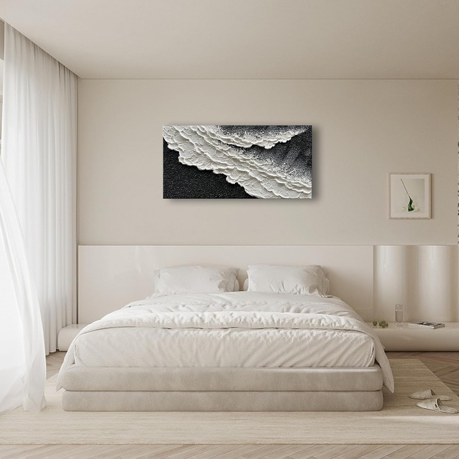 NANKAI 24x48 Inch Hand Painted 3D Ocean Wave Landscape Oil Painting Black and White Abstract Canvas Art Mural Family Wall Decoration art