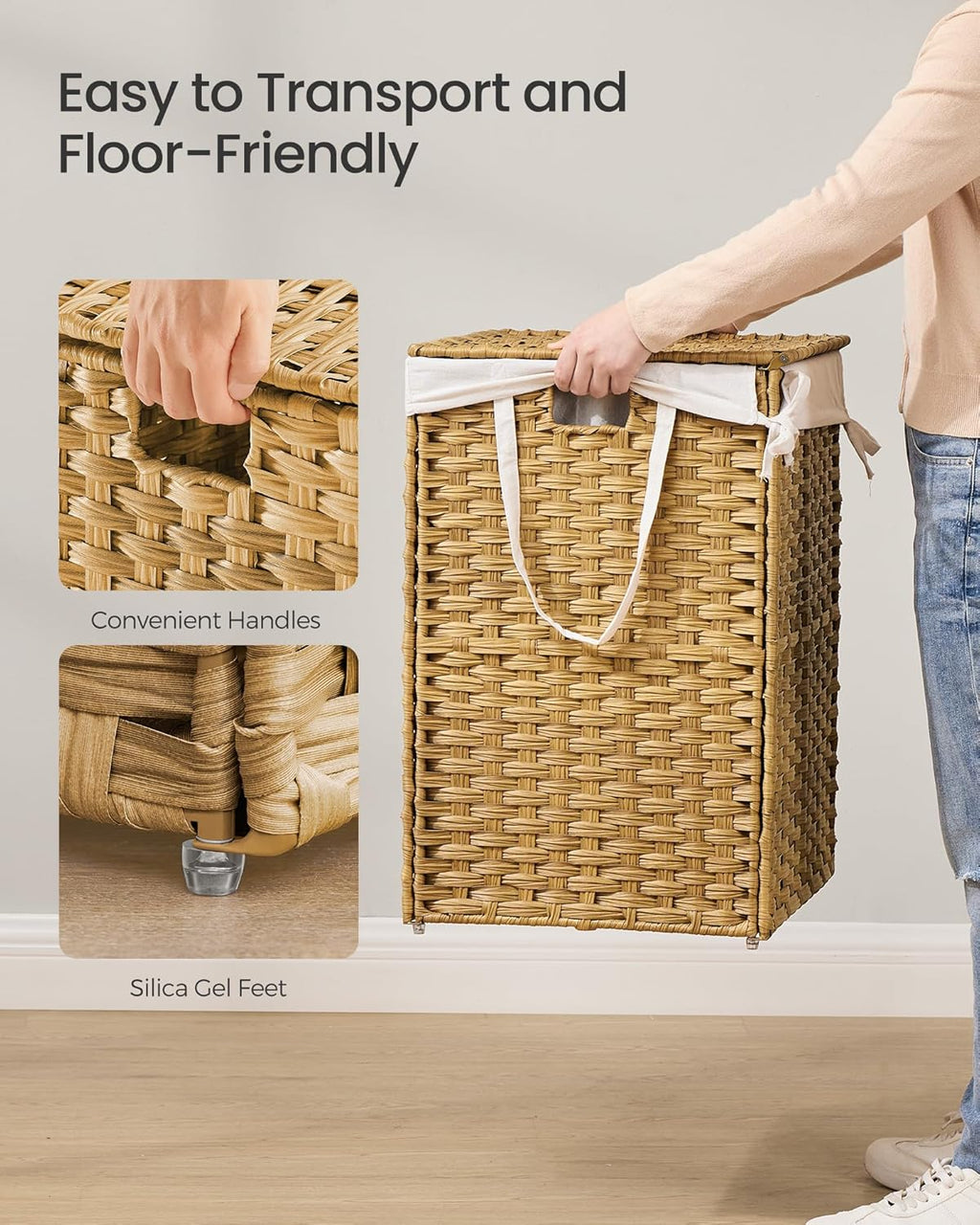 SONGMICS Laundry Hamper with Lid, 42.3 Gallon (160 L) Synthetic Rattan Clothes Laundry Basket with Lid and Handles, Foldable, Removable Liner, Goose Yellow ULCB216Y01