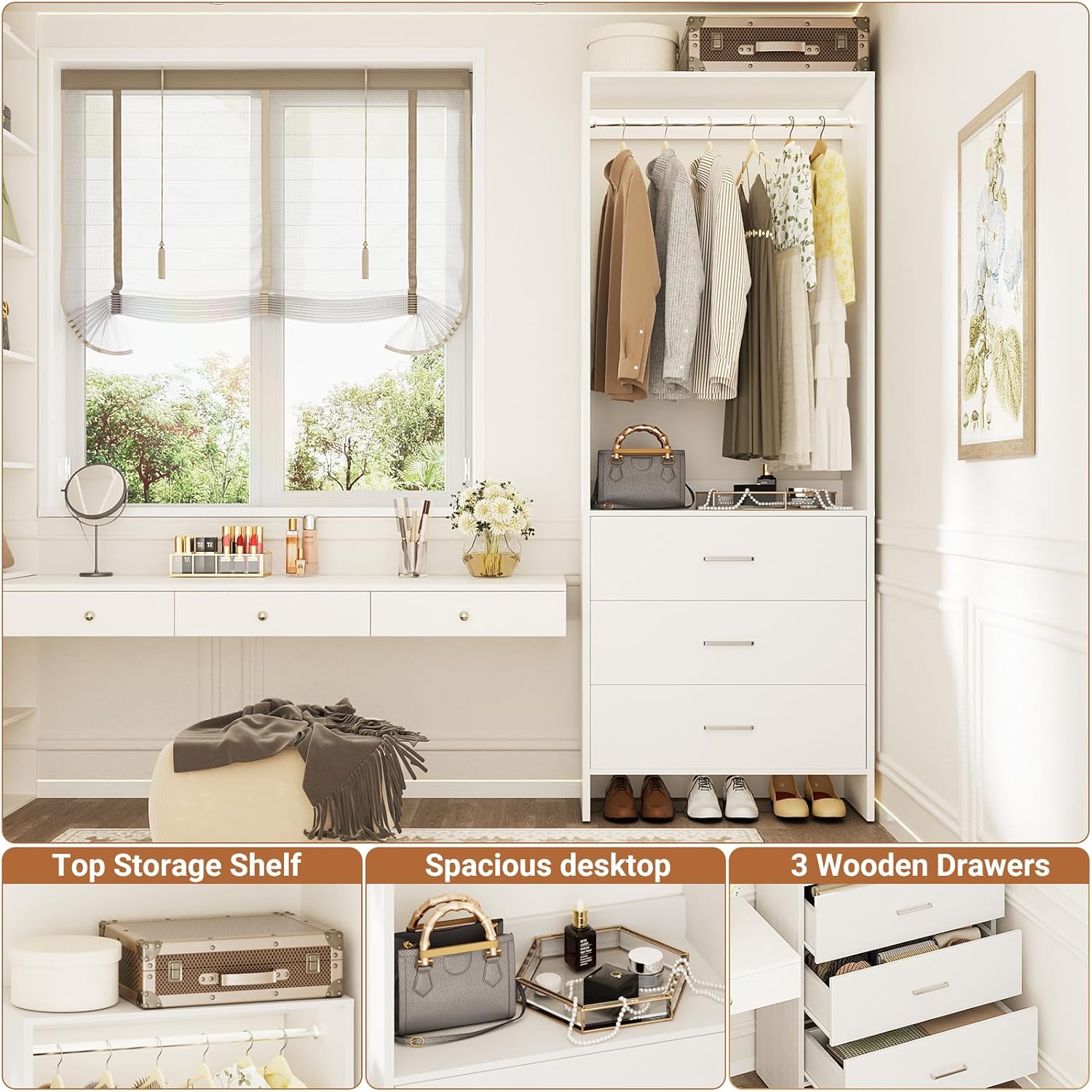 Aheaplus 2FT Closet System with 3 Drawers, 24’’ Closet Organizer, Wood Closet Organizer System, Walk-in Closet or Small Closets Wardrobe, Clothes Rack with Hanging Rods,-E6, White