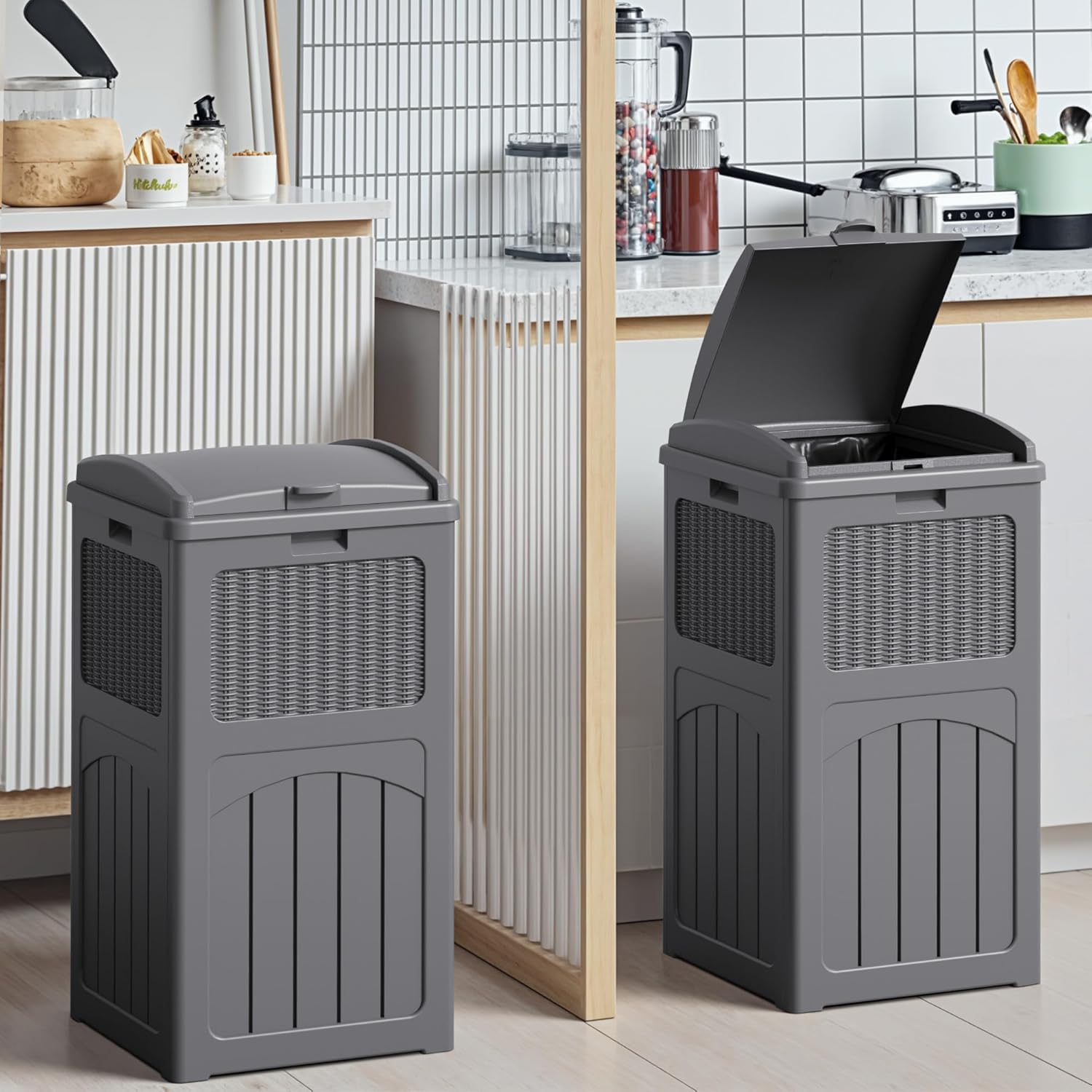 Devoko 33 Gallon Outdoor Trash Can with Dual Lid, Heavy Duty Waterproof Resin Garbage Bins Outside, Hideaway Waste Bins for Patio, Outside Pool, Backyard and Deck (2, Gray)