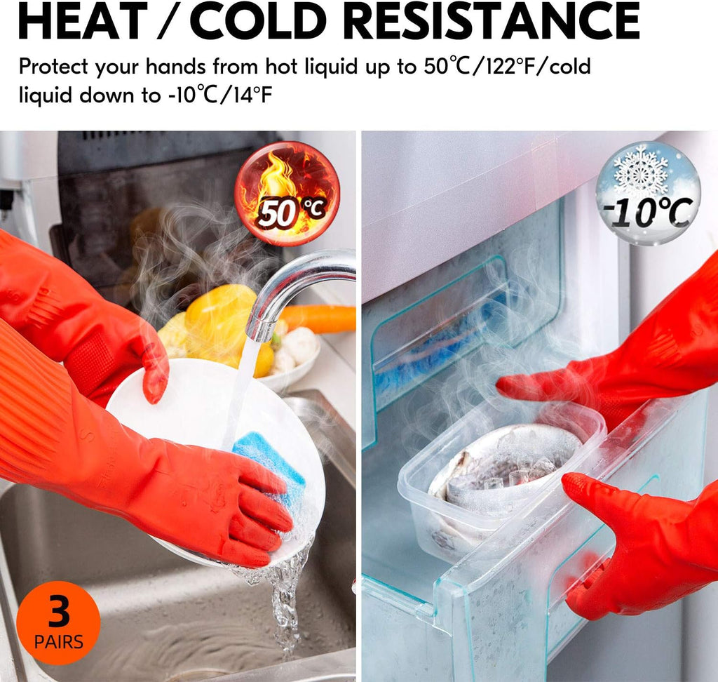 Vgo... 3-Pairs Dishwashing Gloves, Reusable Household Gloves, Long Sleeve, Thick Latex, Cleaning, Washing, Working, Painting, Gardening, Pet Care (Size S, Red, RB2143)