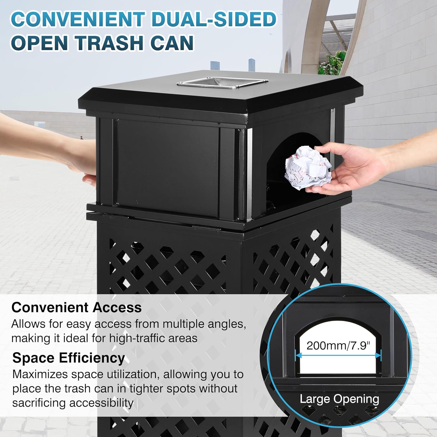 IRONWALLS Indoor/Outdoor Trash Can with Lid, Heavy Duty Steel Garbage Can with Removable Bin, Locking Lid, 16”x16”x35.4” Dual Sided-Open Commercial Trash Can Large for Patio, Backyard, Office, Black