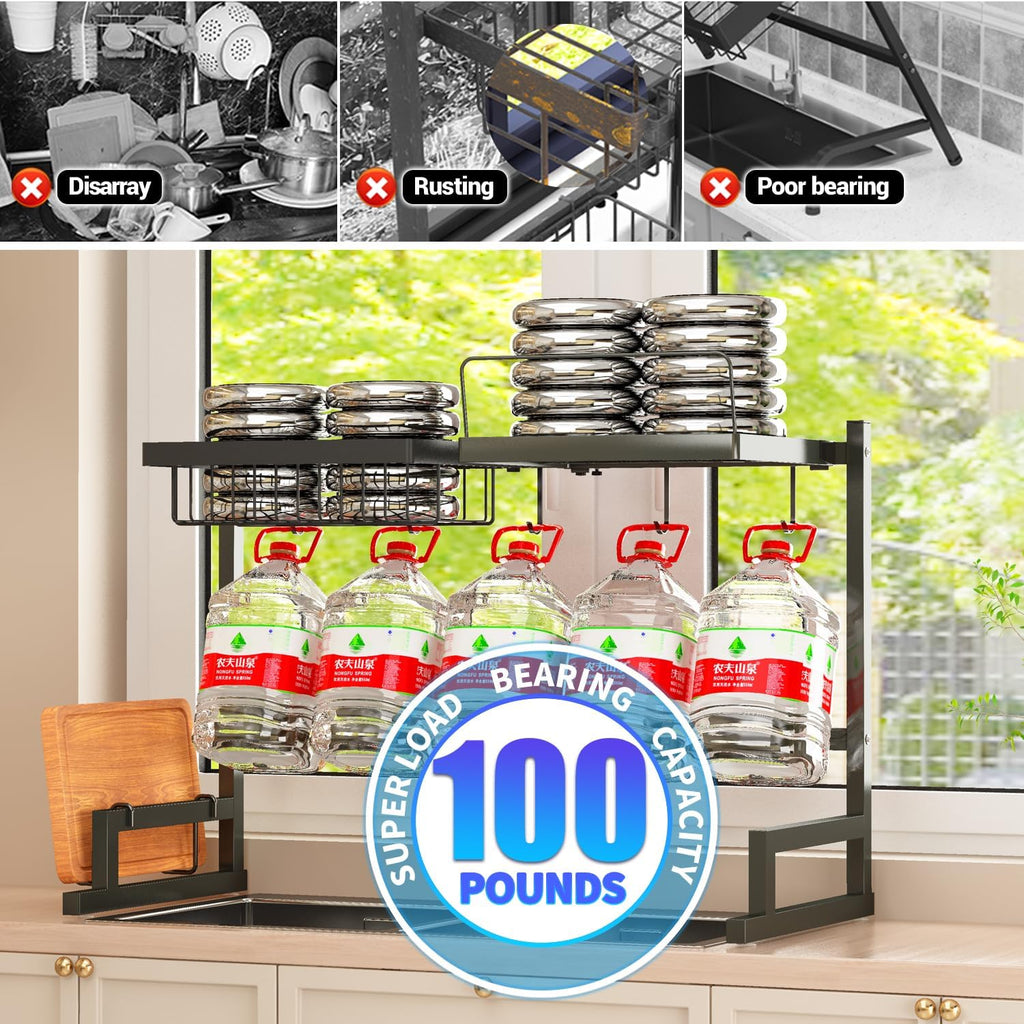 Over Sink Dish Drying Rack (Expandable Height/Length) Snap-On Design Large Dish Draine Storage Counter Organizer (24" - 35.5" L x 12" W x 19" - 22" H)