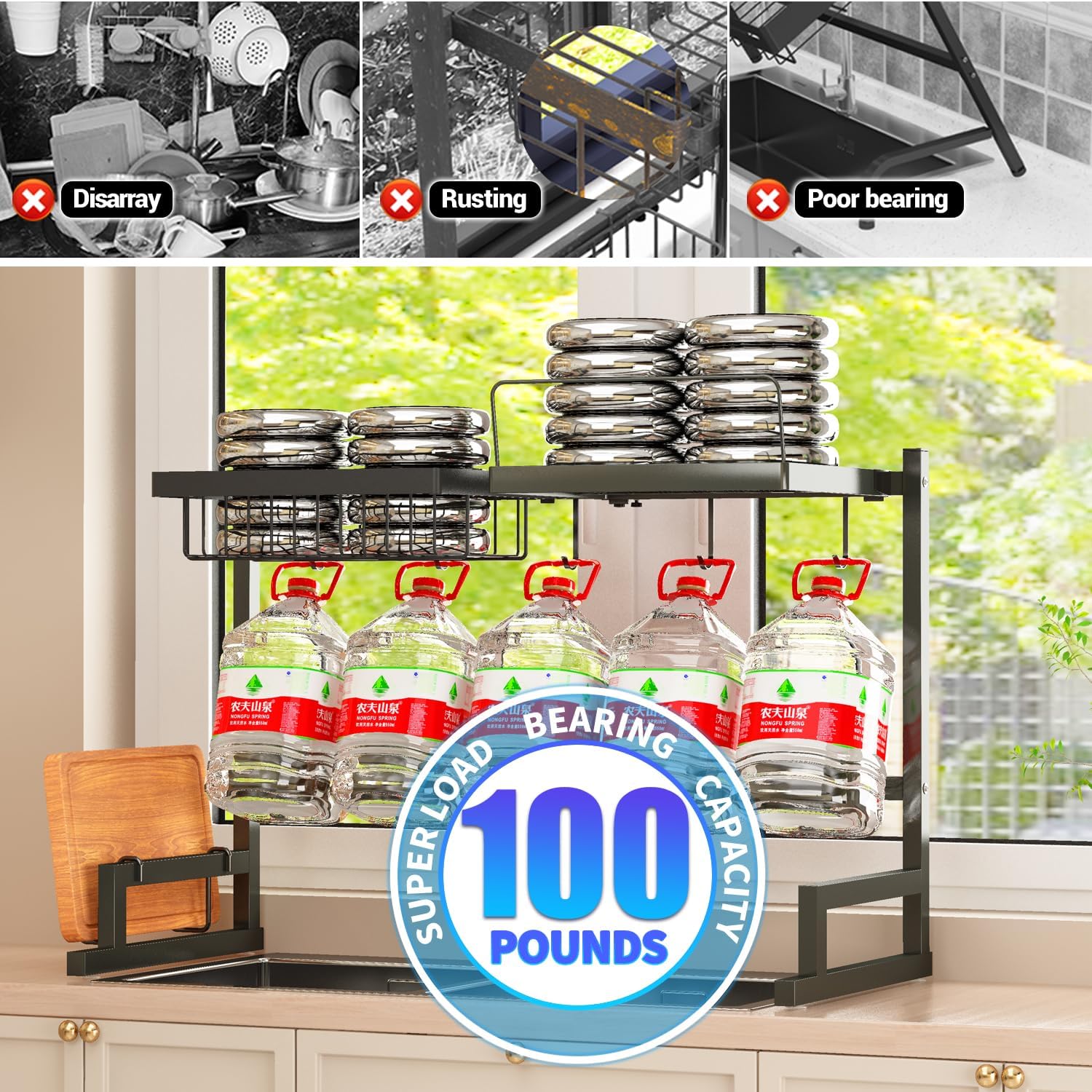 ADBIU 【Fit Sink 24"- 35.6" L 2024 Over The Sink Drying Rack (Expandable Dimension) Snap-On Design 2 Tier Large Dish Rack Kitchen Count Organization and Storage