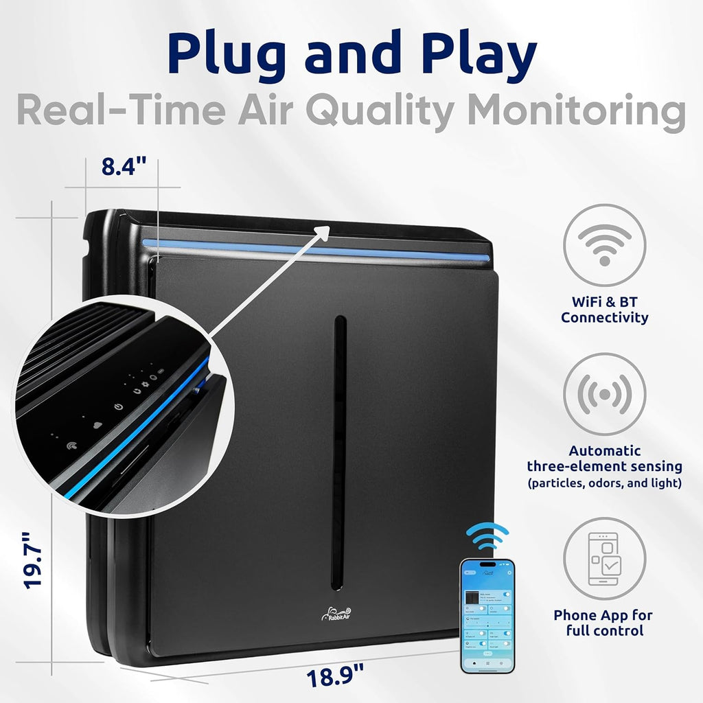 Rabbit Air, A3 SPA-1000N Air Purifiers for Home, Ultra Quiet HEPA Air Purifier - Wall Mountable Air Purifiers for Home Large Room, Allergies, Dust, Mold, Smoke & VOCs - (Black, Odor Remover Filter)